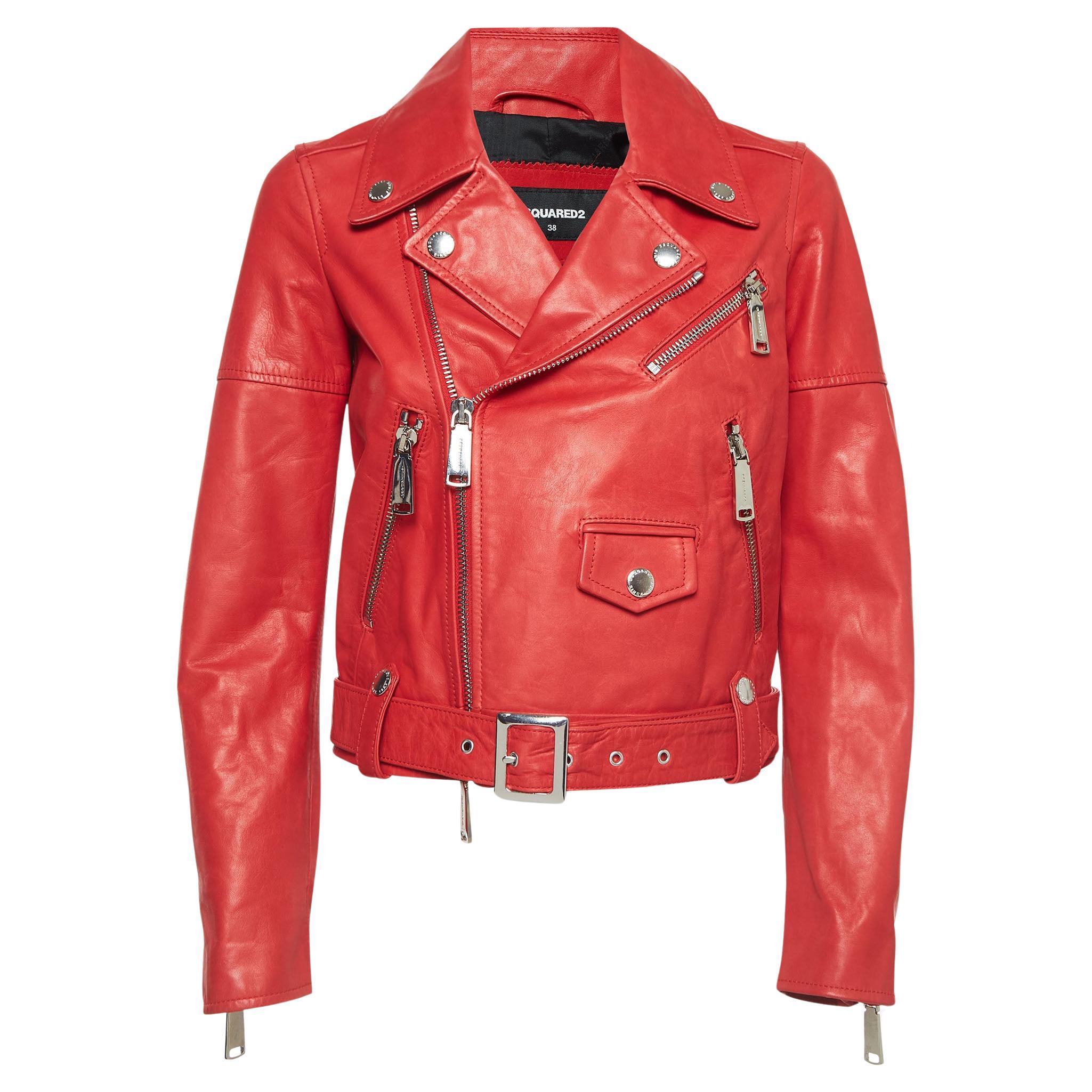Dsquared2 Red Leather Zip-Up Biker Jacket S For Sale
