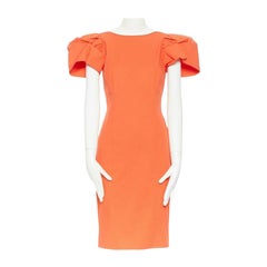 DSQUARED2 red orange ruche drape dart puff sleeve big shoulders dress IT44 L