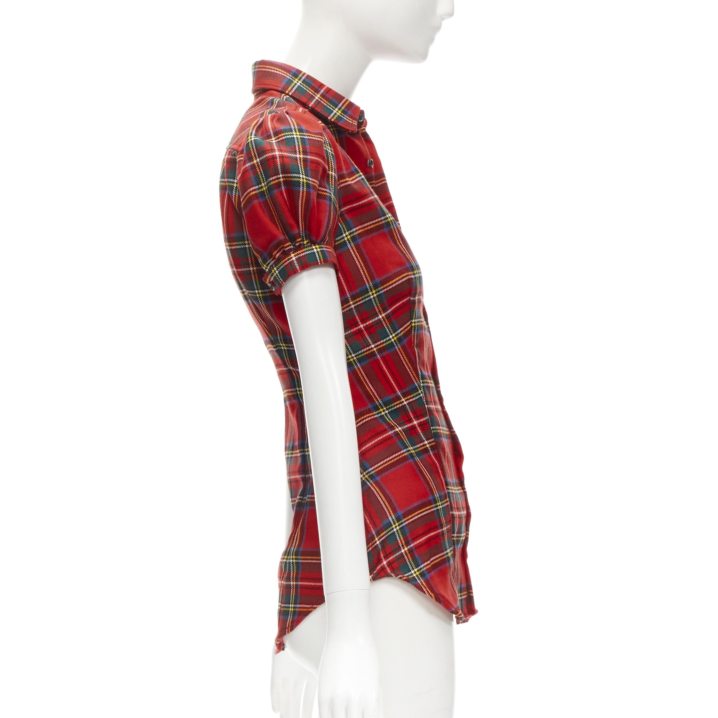 DSQUARED2 red punk plaid puff sleeve contour seam fitted shirt XS In Excellent Condition For Sale In Hong Kong, NT