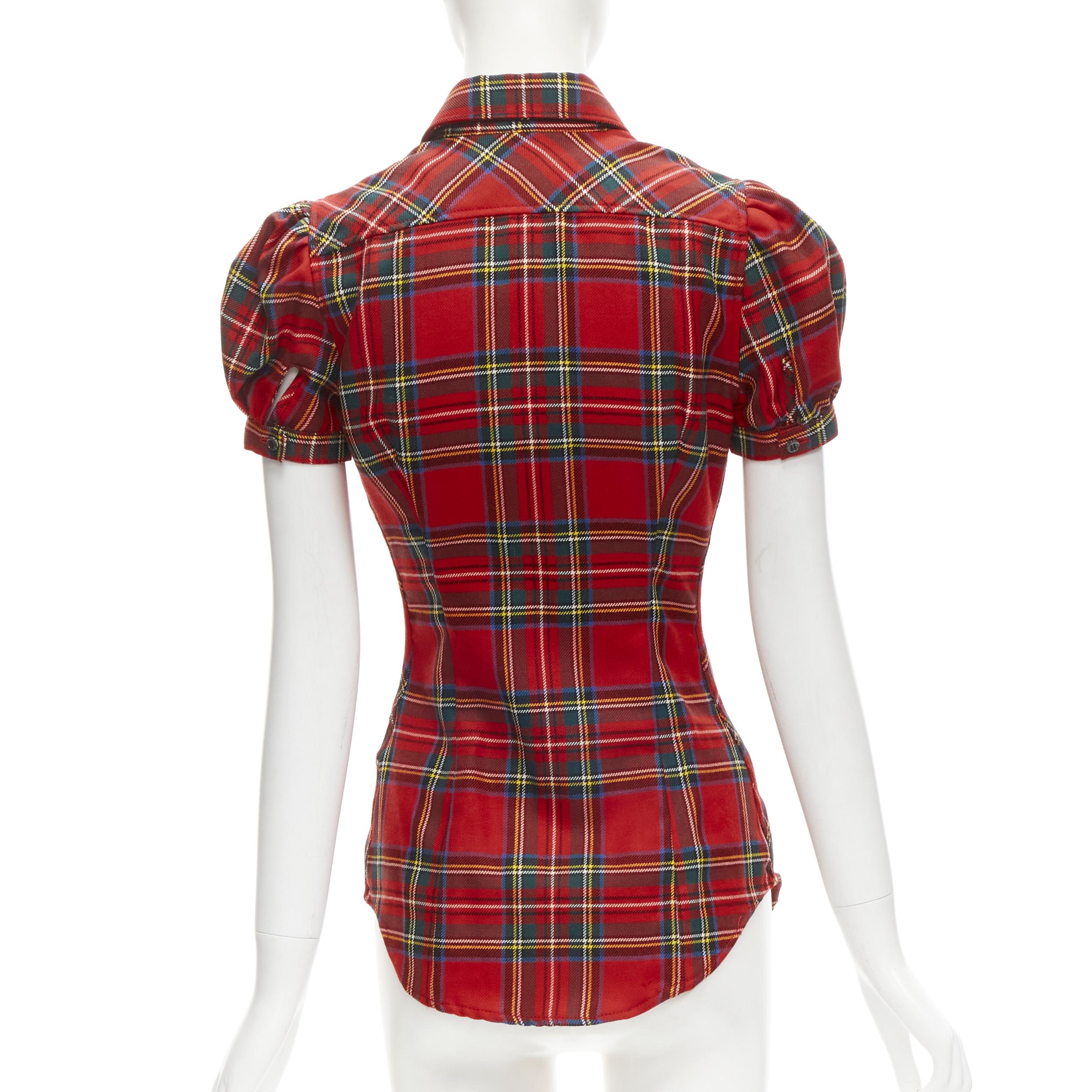 Women's DSQUARED2 red punk plaid puff sleeve contour seam fitted shirt XS For Sale