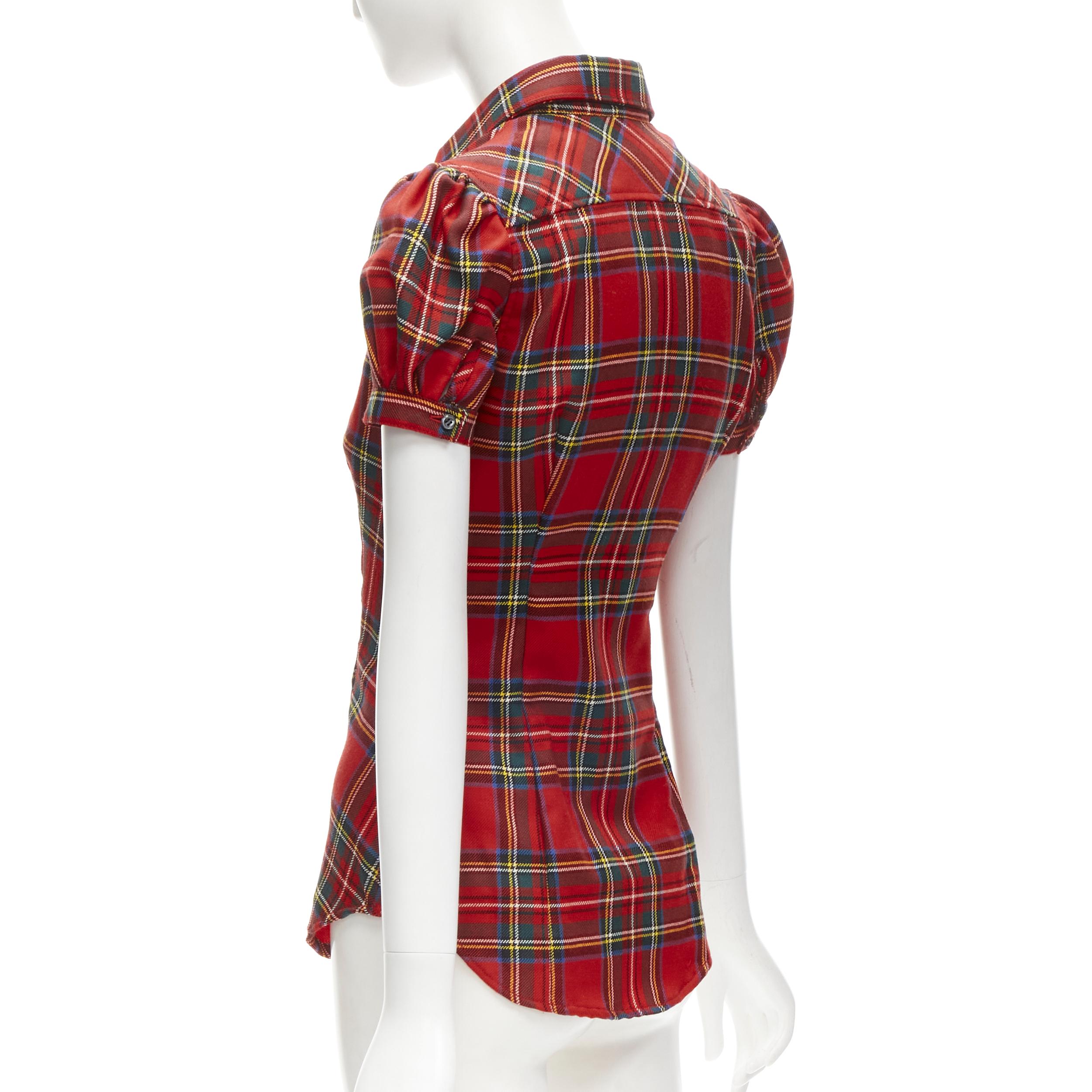 DSQUARED2 red punk plaid puff sleeve contour seam fitted shirt XS 1
