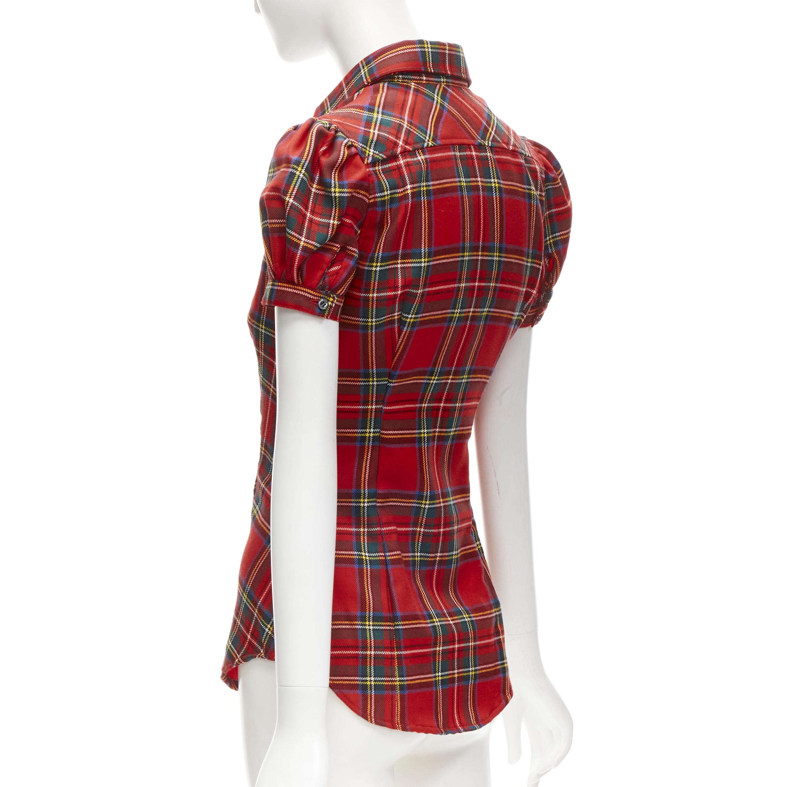 DSQUARED2 red punk plaid puff sleeve contour seam fitted shirt XS For Sale 1