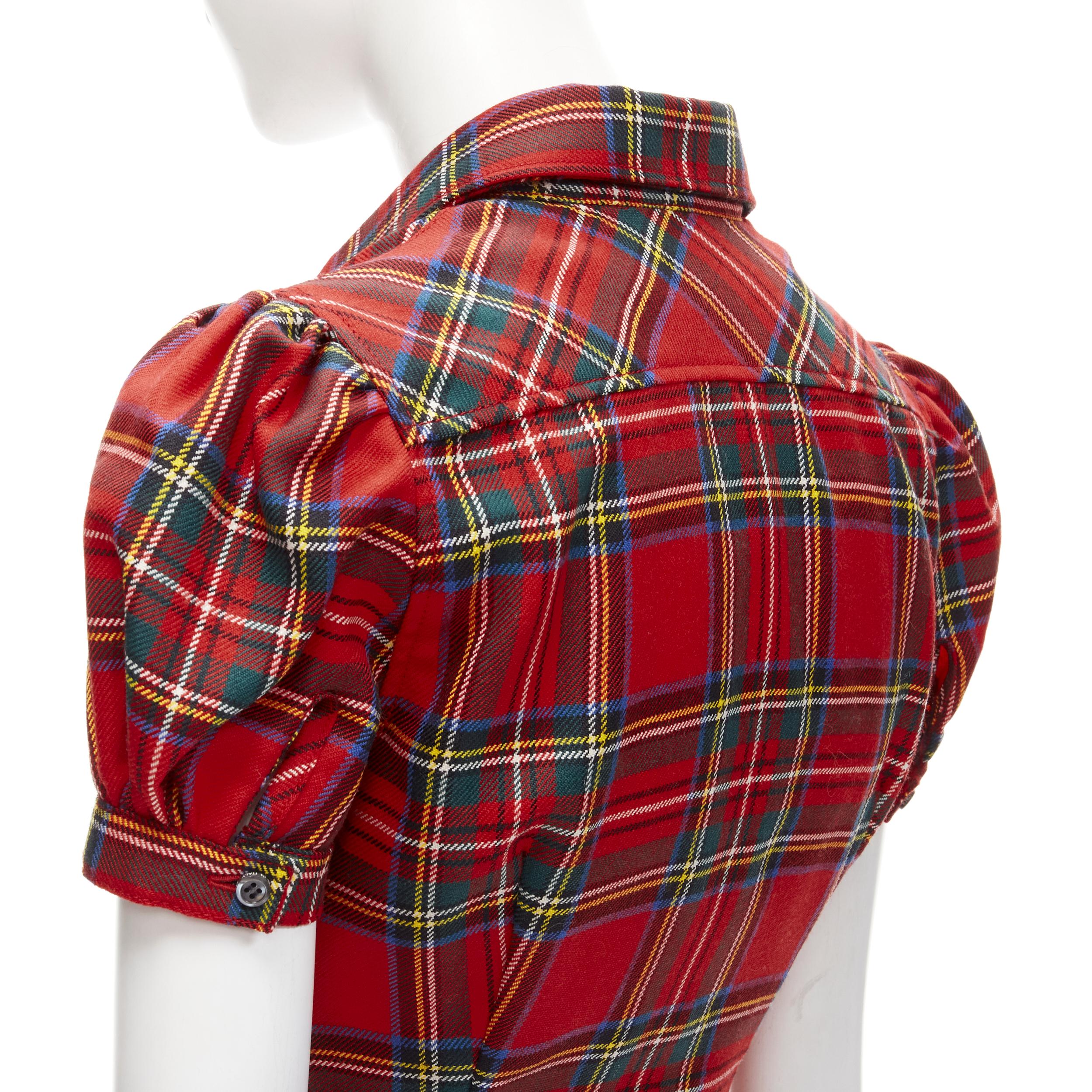 DSQUARED2 red punk plaid puff sleeve contour seam fitted shirt XS For Sale 2