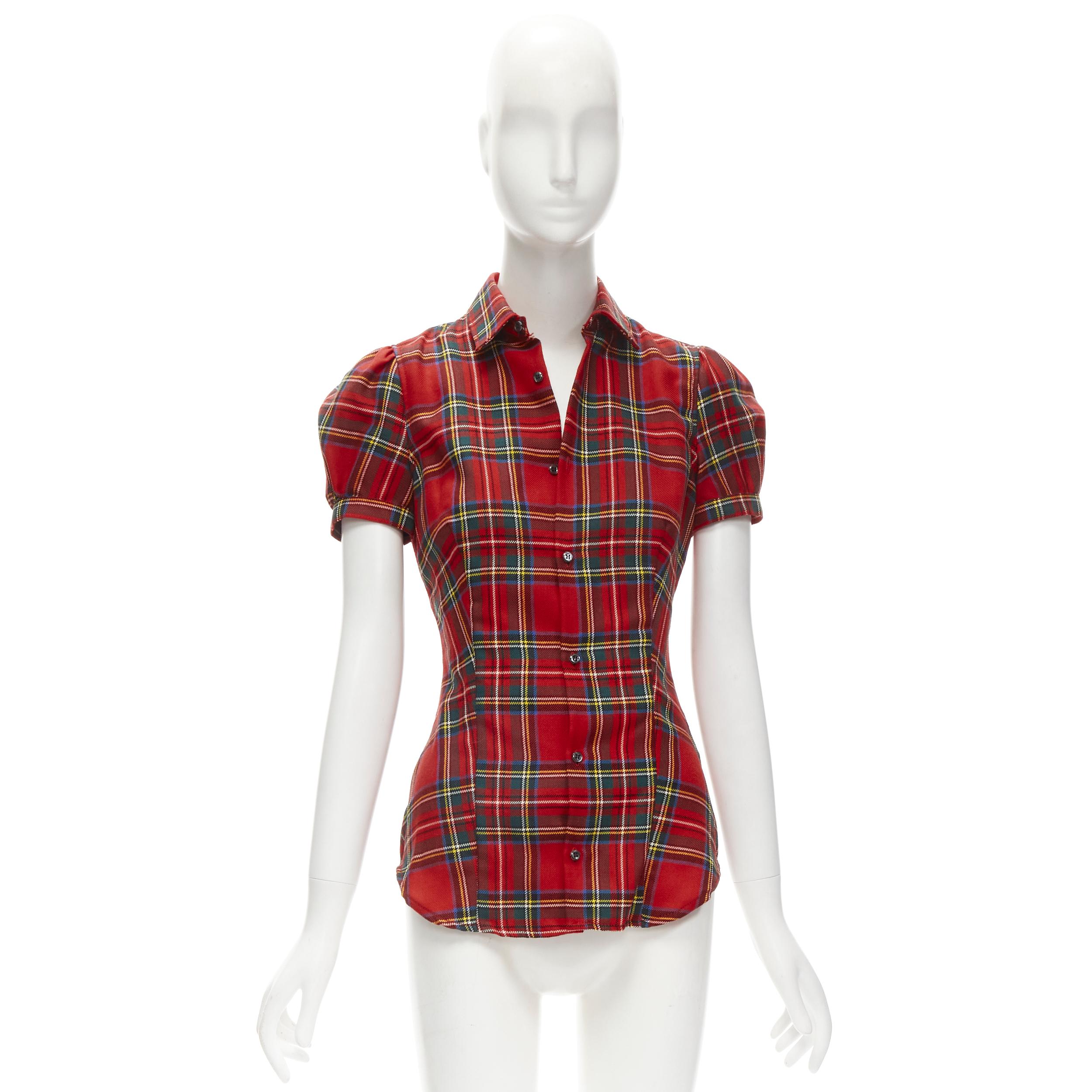 DSQUARED2 red punk plaid puff sleeve contour seam fitted shirt XS For Sale 4