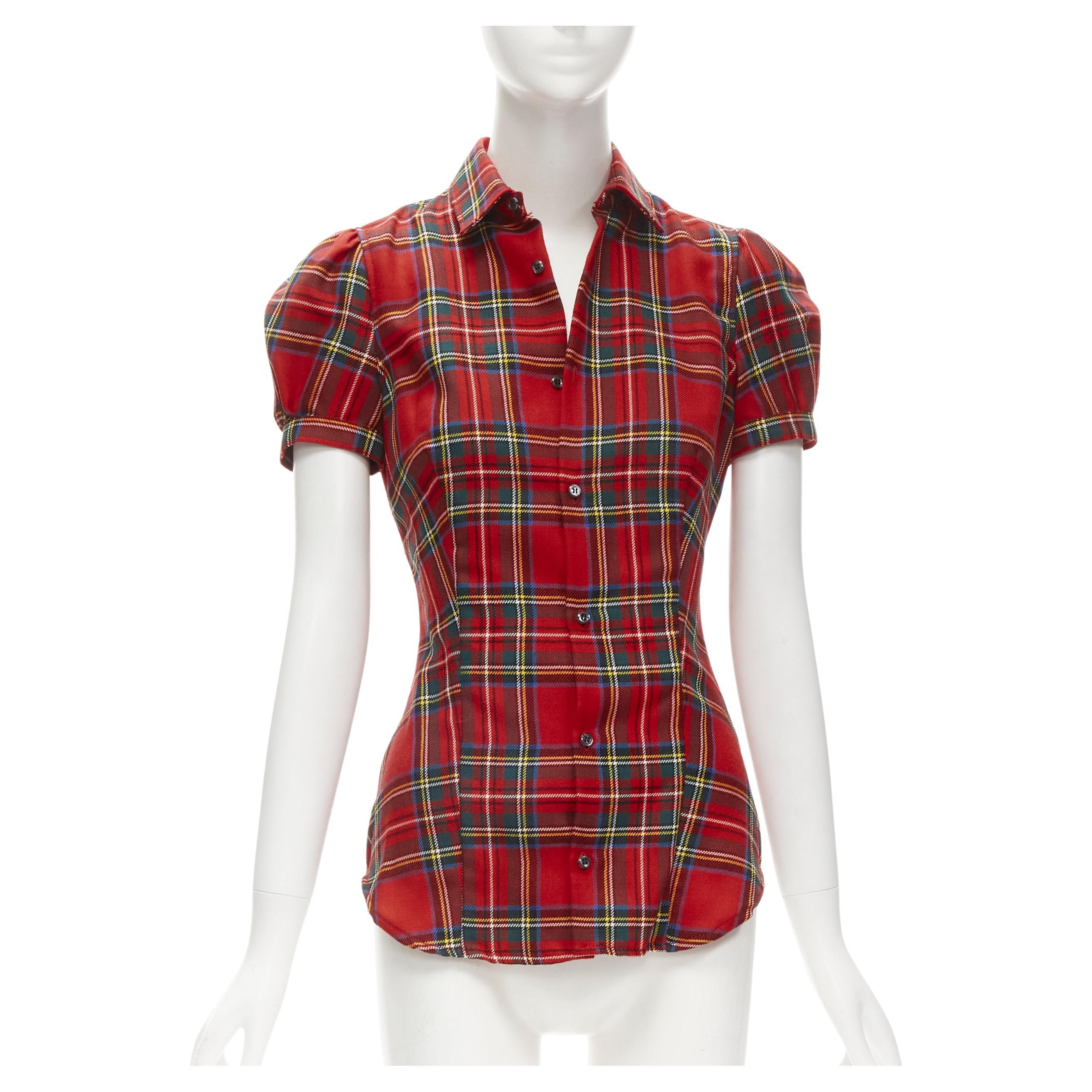 DSQUARED2 red punk plaid puff sleeve contour seam fitted shirt XS For Sale