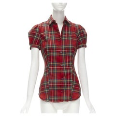 DSQUARED2 red punk plaid puff sleeve contour seam fitted shirt XS
