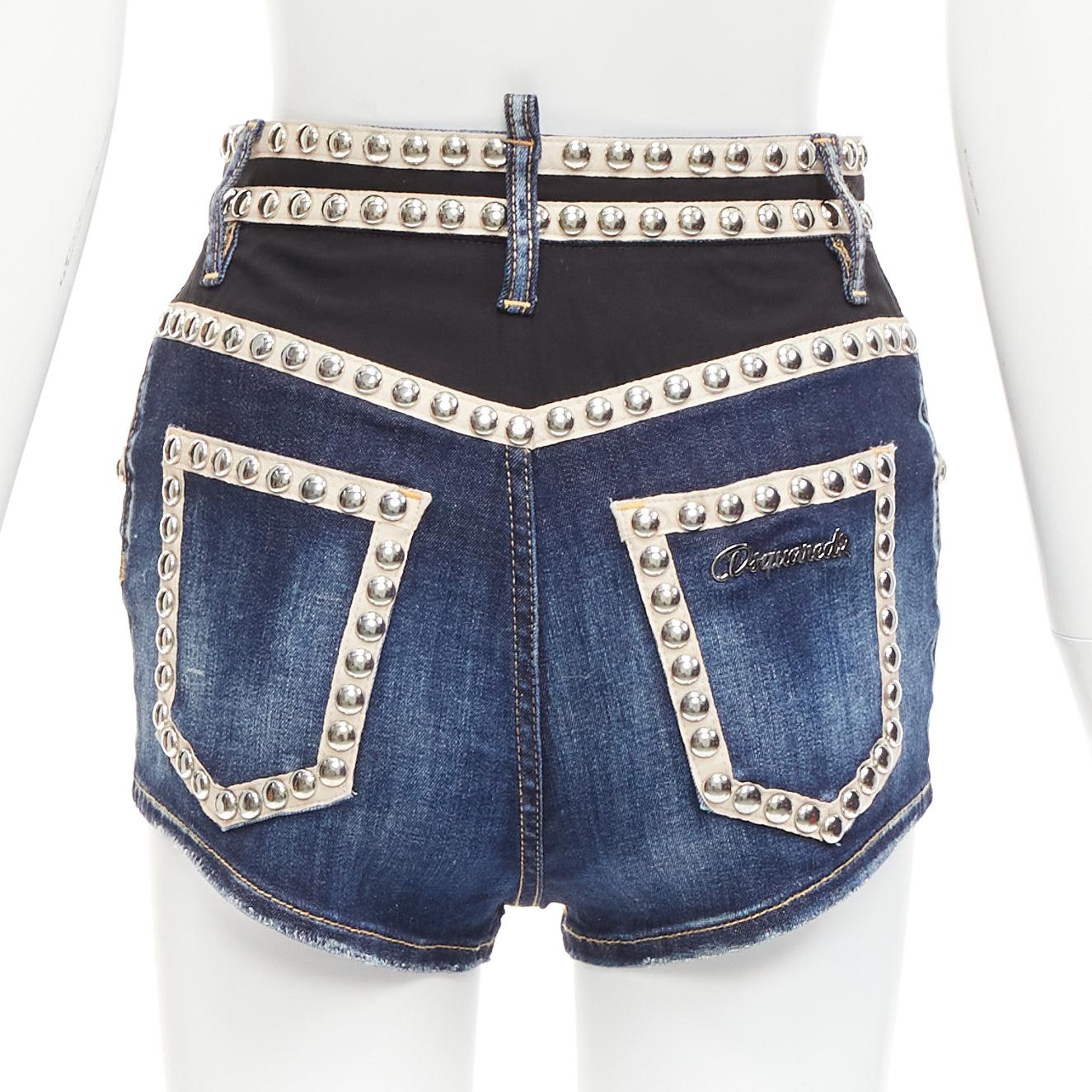 Women's DSQUARED2 silver dome studs blue washed denim beige trim hot shorts IT40 S For Sale
