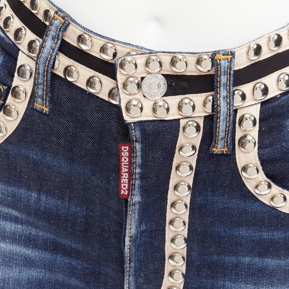 DSQUARED2 silver dome studs blue washed denim beige trim hot shorts IT40 S For Sale 2