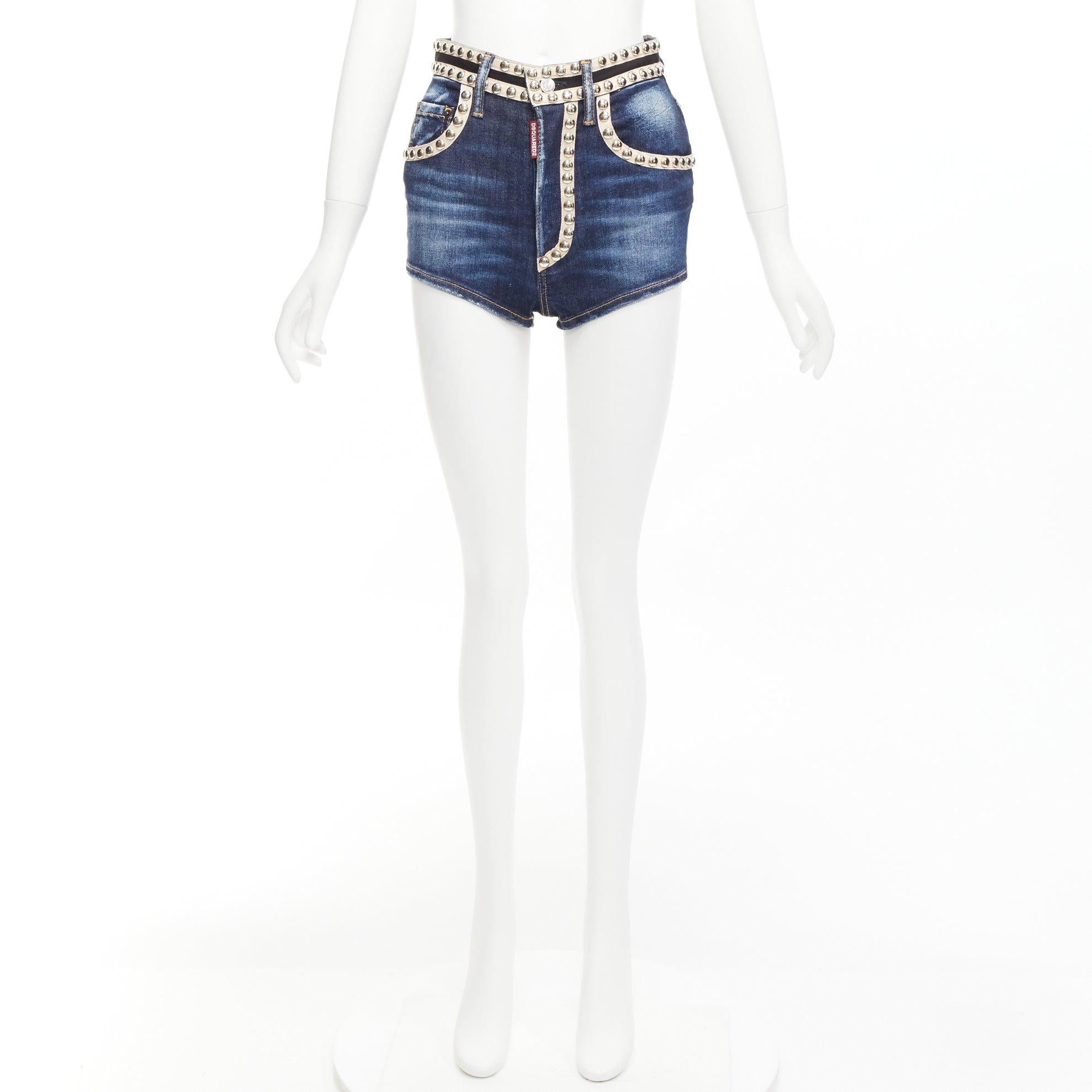DSQUARED2 silver dome studs blue washed denim beige trim hot shorts IT40 S For Sale 4