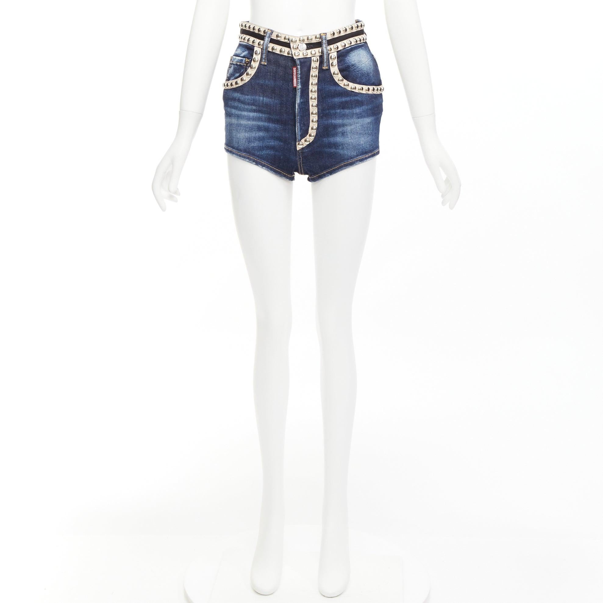 DSQUARED2 silver dome studs blue washed denim beige trim hot shorts IT40 S For Sale 5