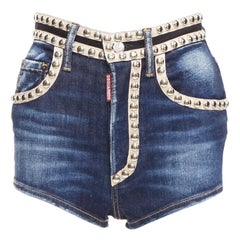 DSQUARED2 silver dome studs blue washed denim beige trim hot shorts IT40 S