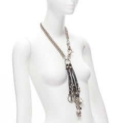DSQUARED2 silberner Totenkopf Voodoo Charms schwarzes Leder Tag klobige Halskette Kette