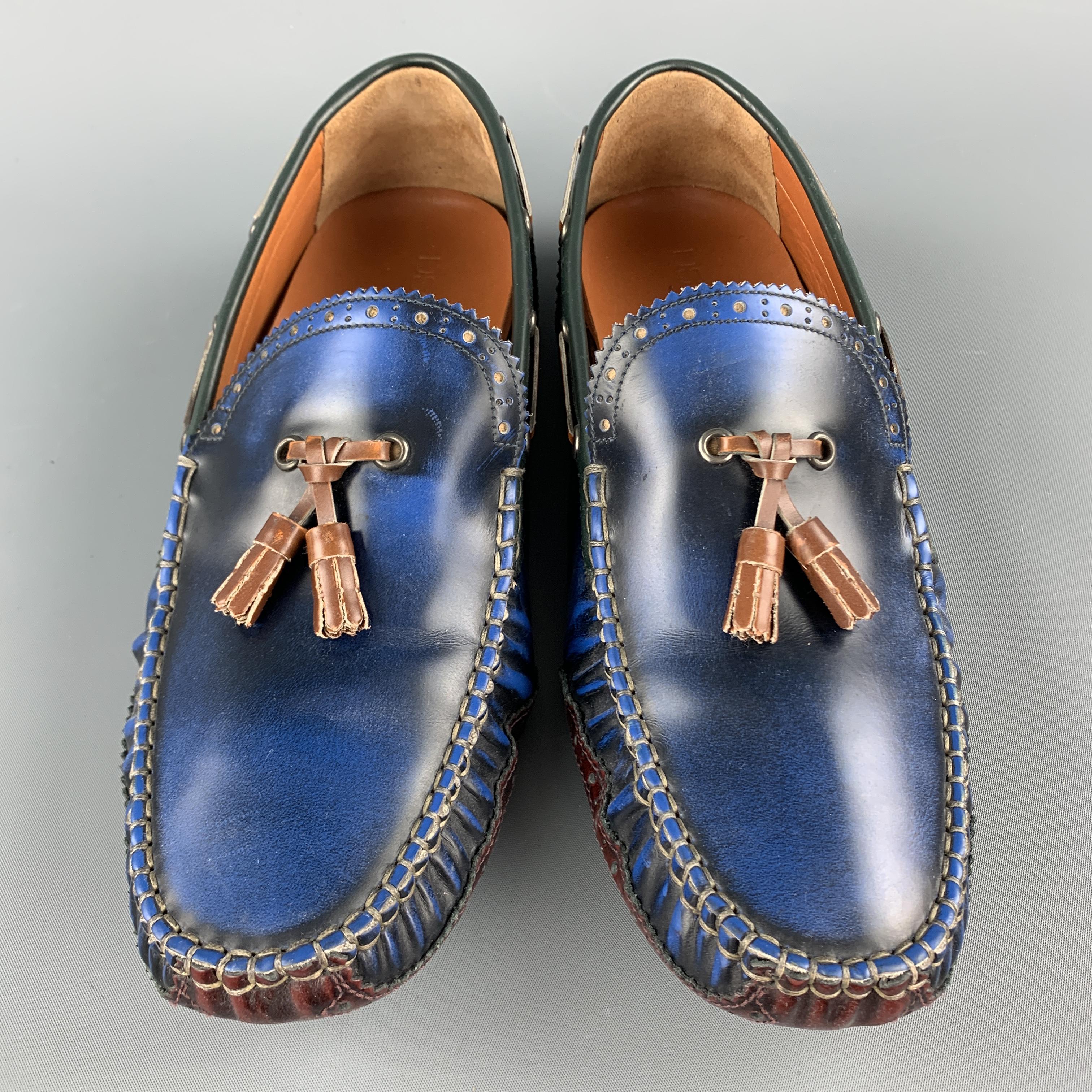 DSQUARED2 Size 10 Blue Antique Leather Drivers Loafers In Excellent Condition In San Francisco, CA
