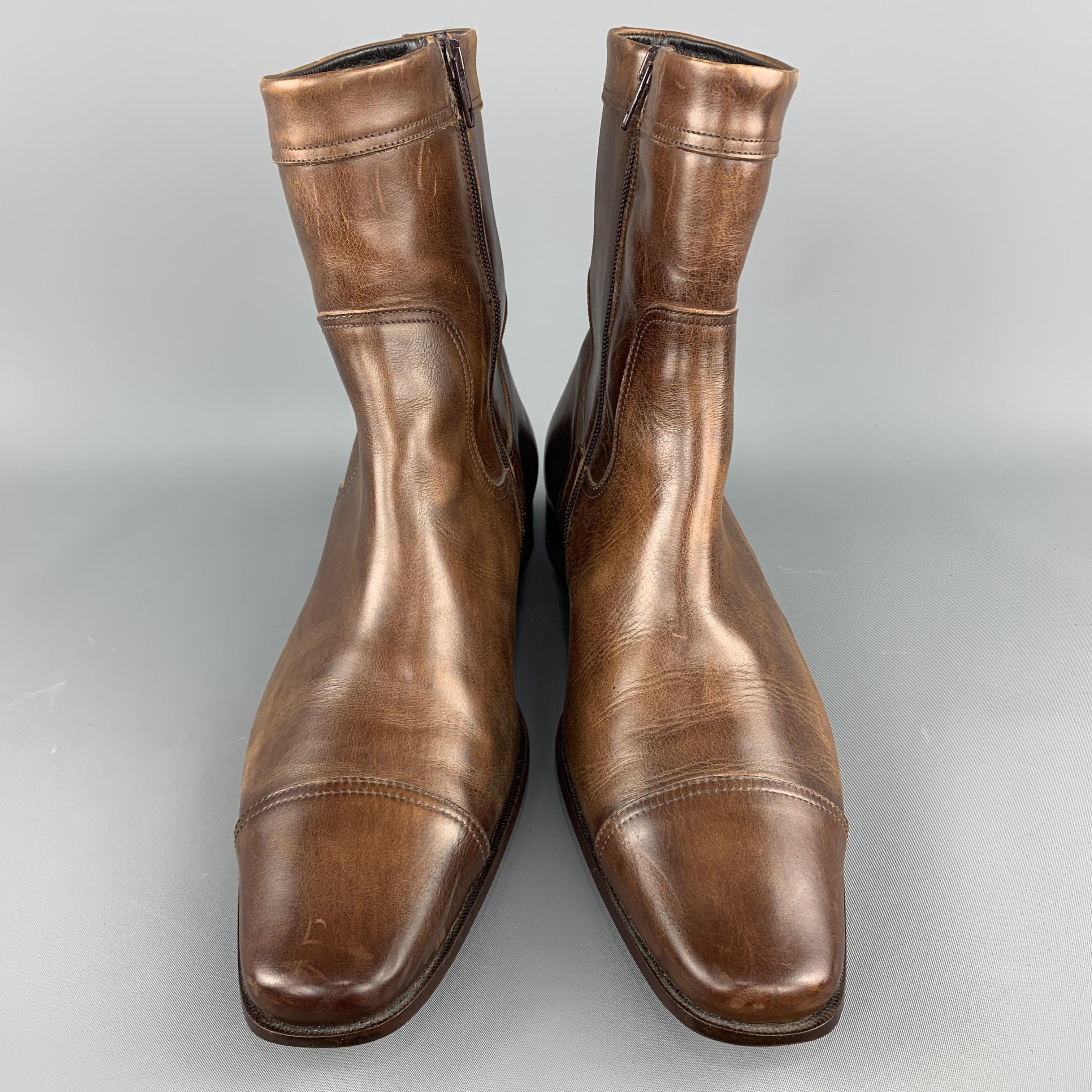  DSQUARED2 Size 10.5 Brown Antique Leather Side Zipper Cap Toe Boots In Good Condition In San Francisco, CA