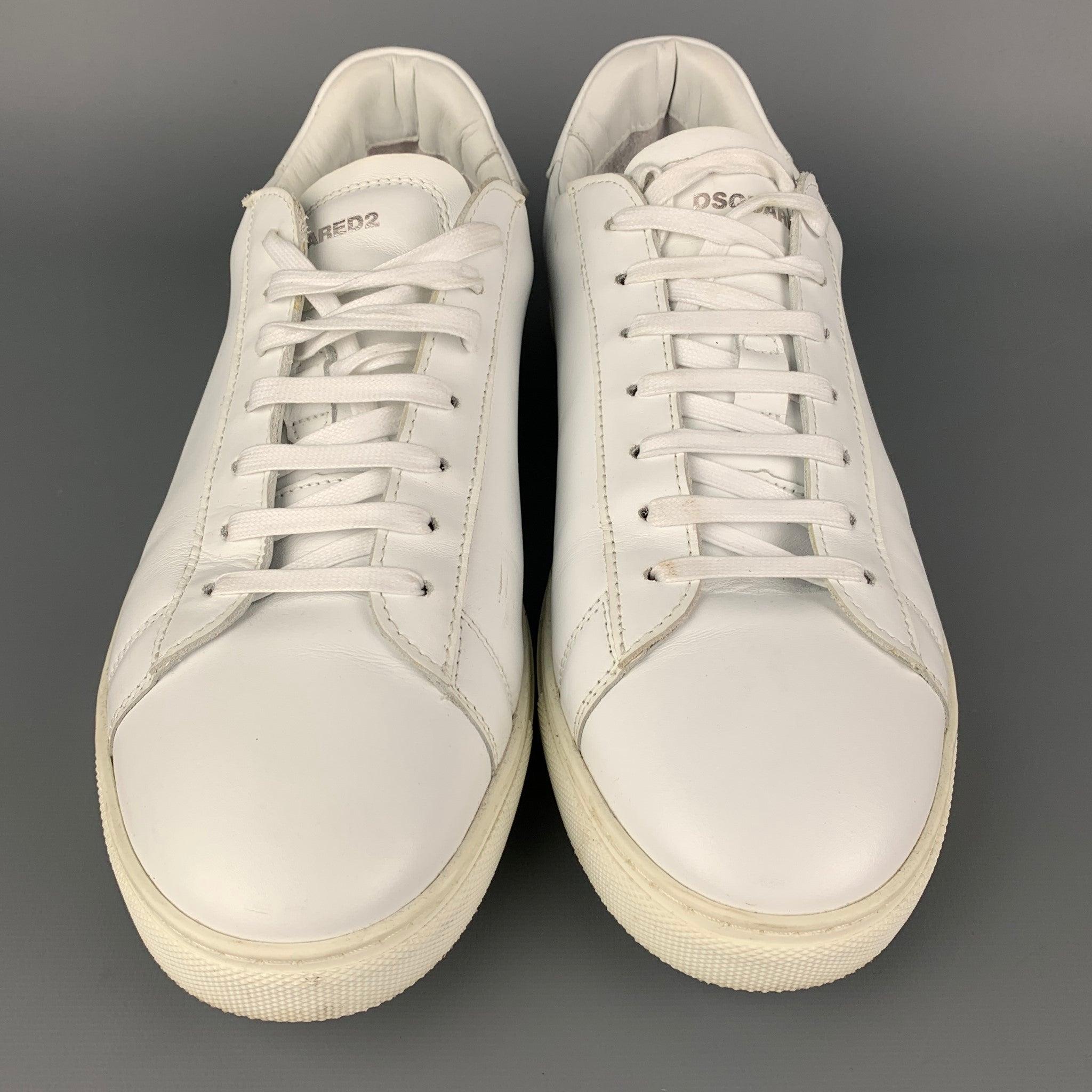 Men's DSQUARED2 Size 10.5 White Leather Lace Up Sneakers For Sale