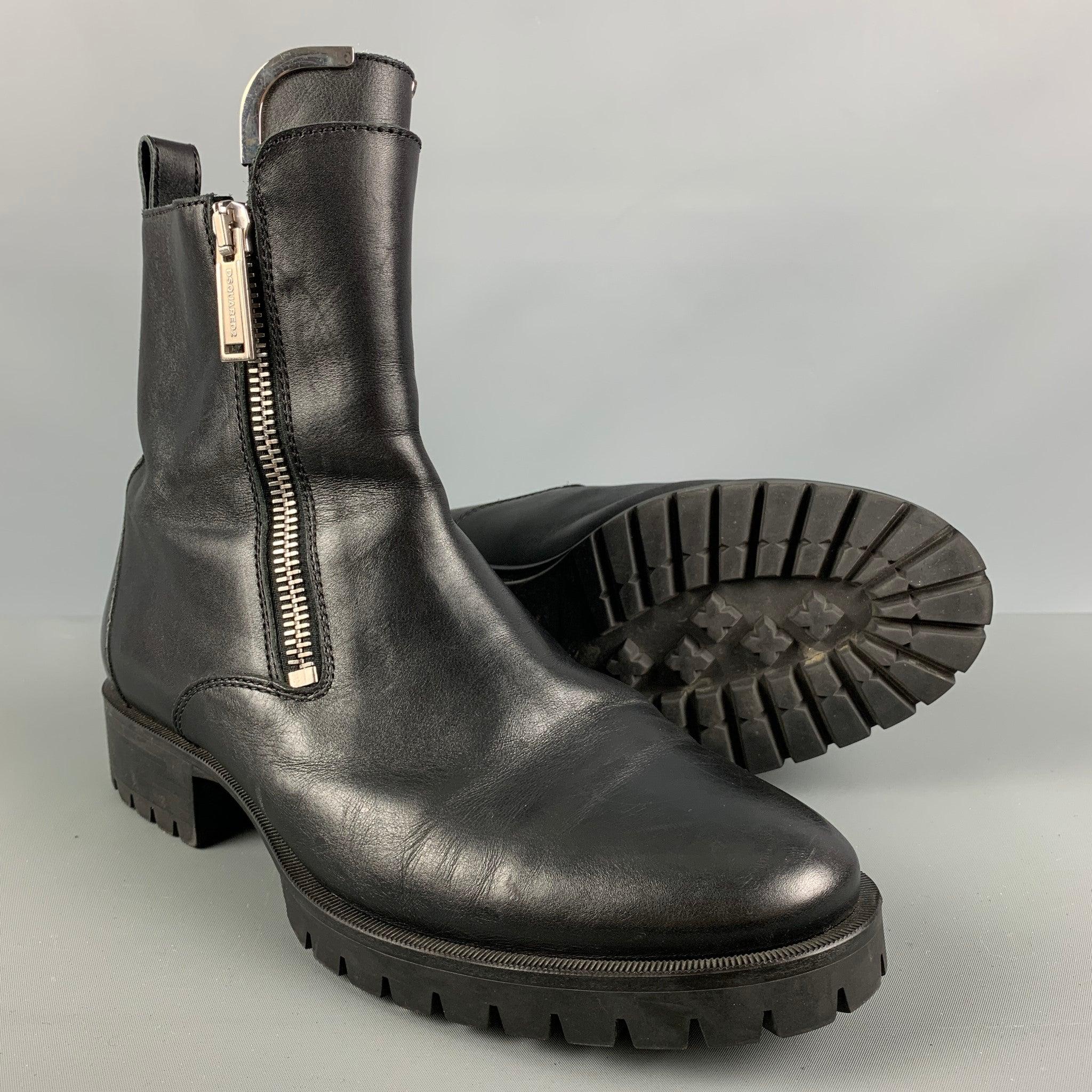 DSQUARED2 Size 11 Black Leather Double Zipper Boots For Sale 1