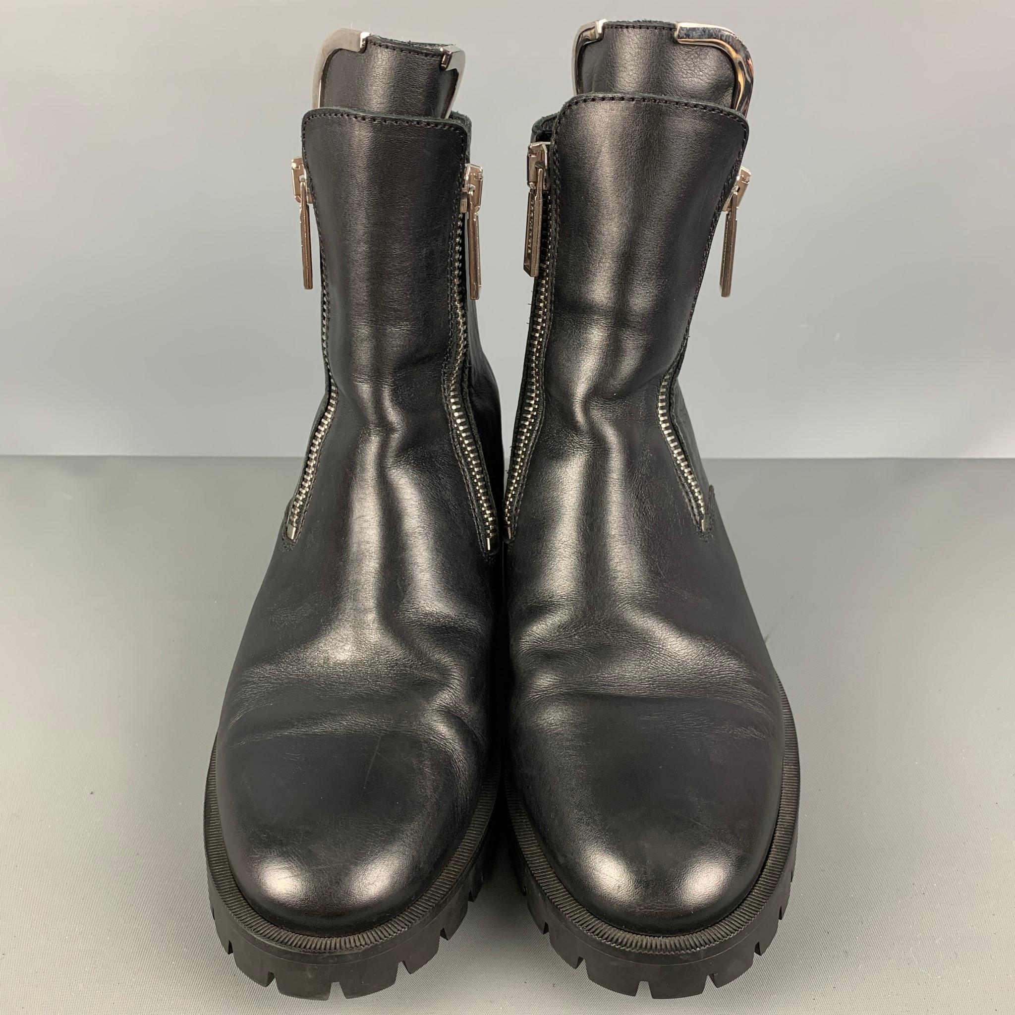 DSQUARED2 Schwarze Lederstiefel mit doppeltem Reißverschluss, Größe 11 1