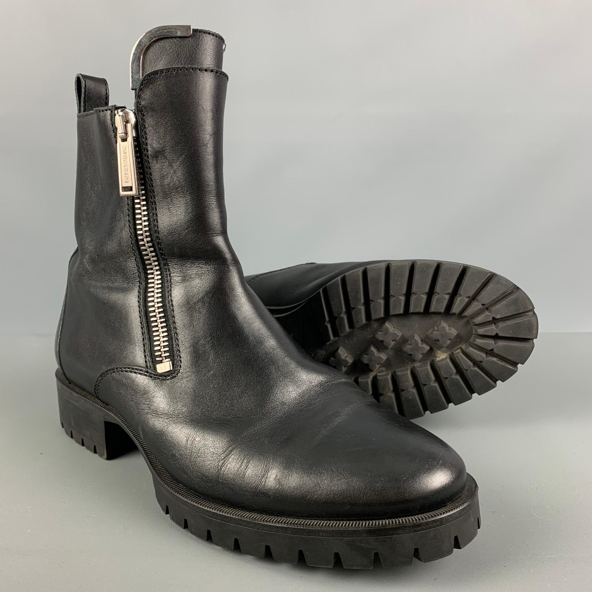 DSQUARED2 Schwarze Lederstiefel mit doppeltem Reißverschluss, Größe 11 2
