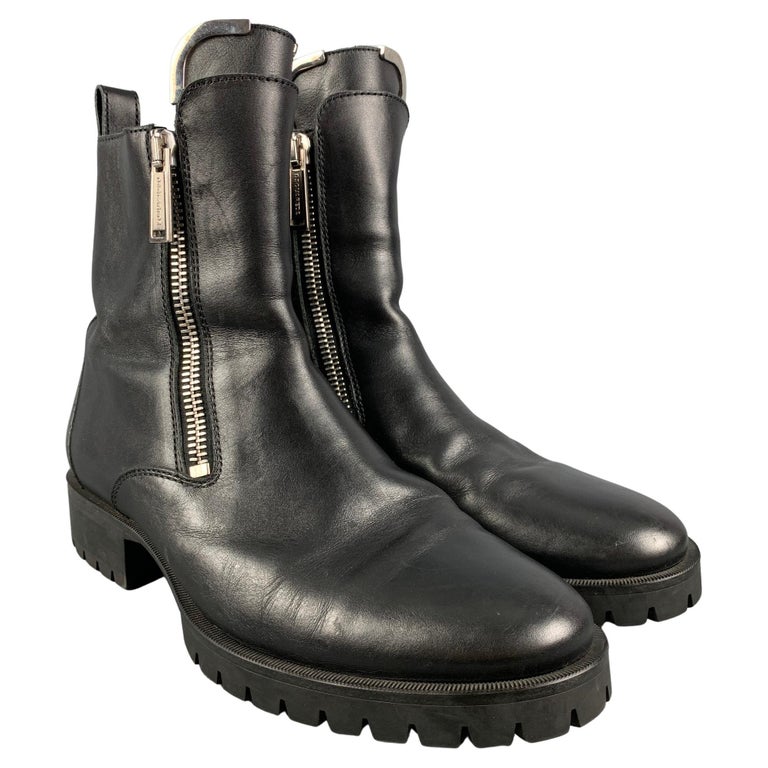 DSQUARED2 Size 11 Black Leather Double Zipper Boots For Sale at 1stDibs
