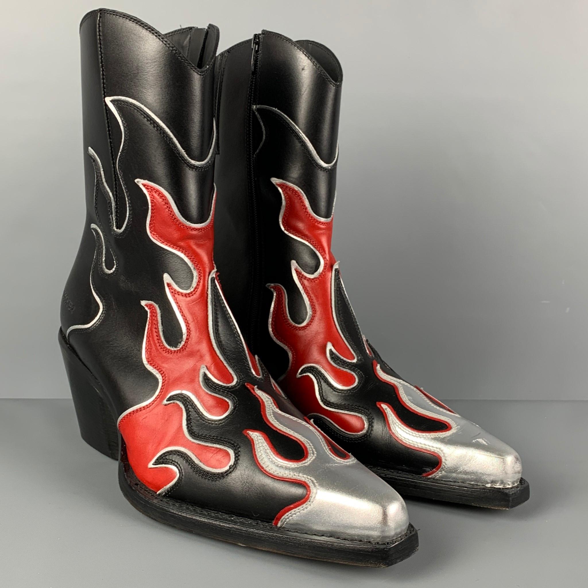 DSQUARED2 ankle boots comes in a black & red leather featuring a flame applique design, cowboy style, chunky heel, and a side zipper closure. Made in Italy. 

Excellent Pre-Owned Condition.
Marked: 44
Original Retail Price:
