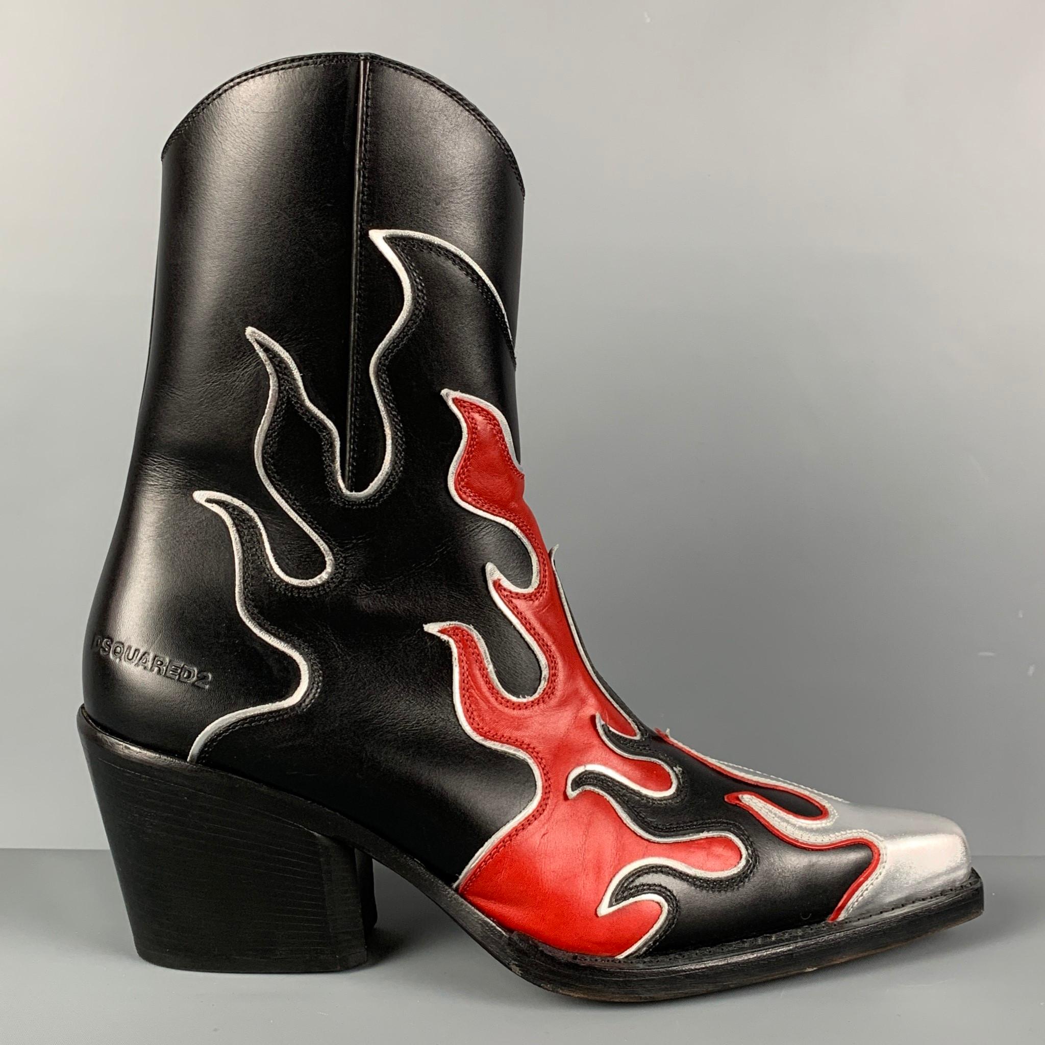 DSQUARED2 Size 11 Black Red Silver Flames Leather Cowboy Ankle Boots at  1stDibs