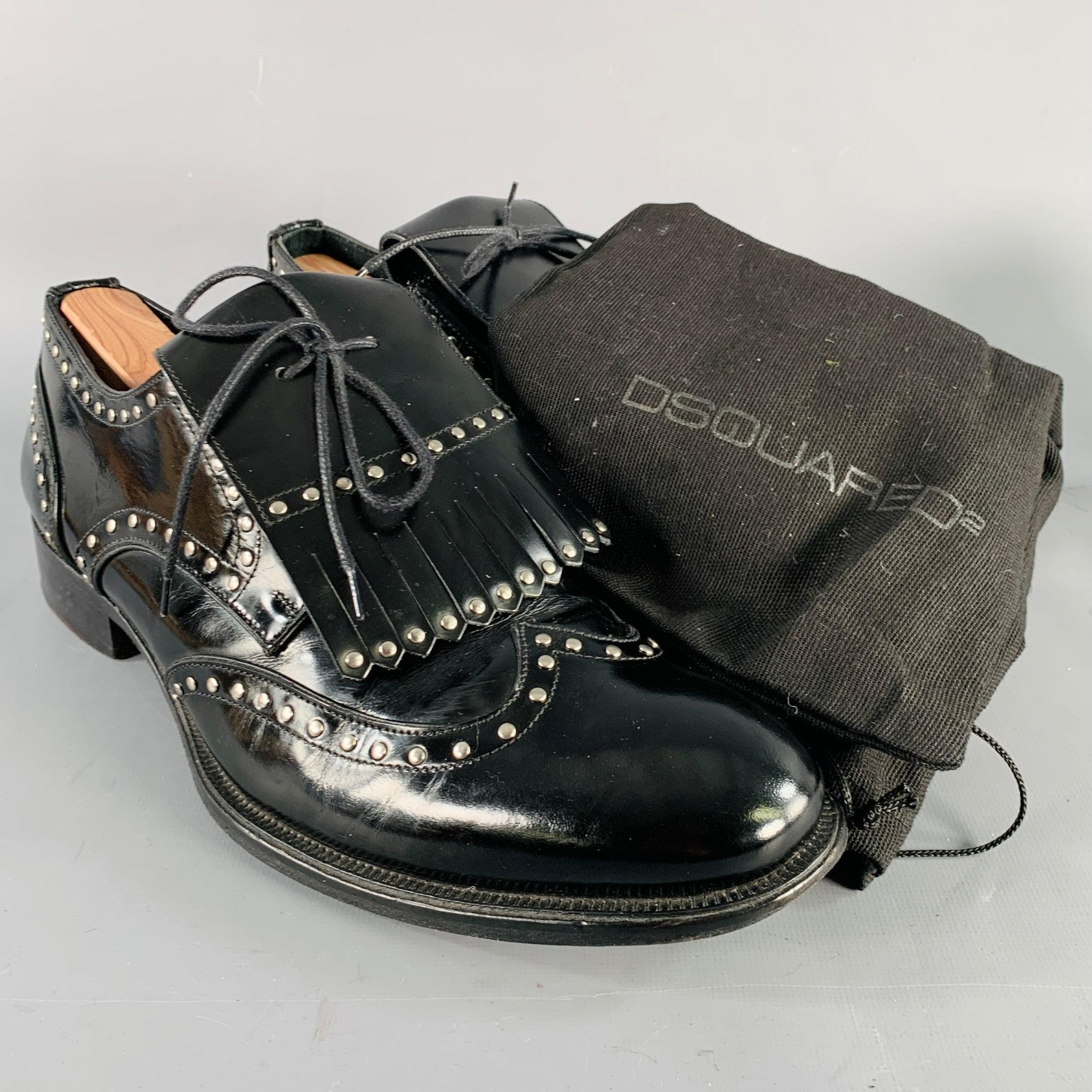 DSQUARED2 Size 11.5 Black Silver Studded Patent Leather Moccasin Lace-Up Shoes For Sale 6