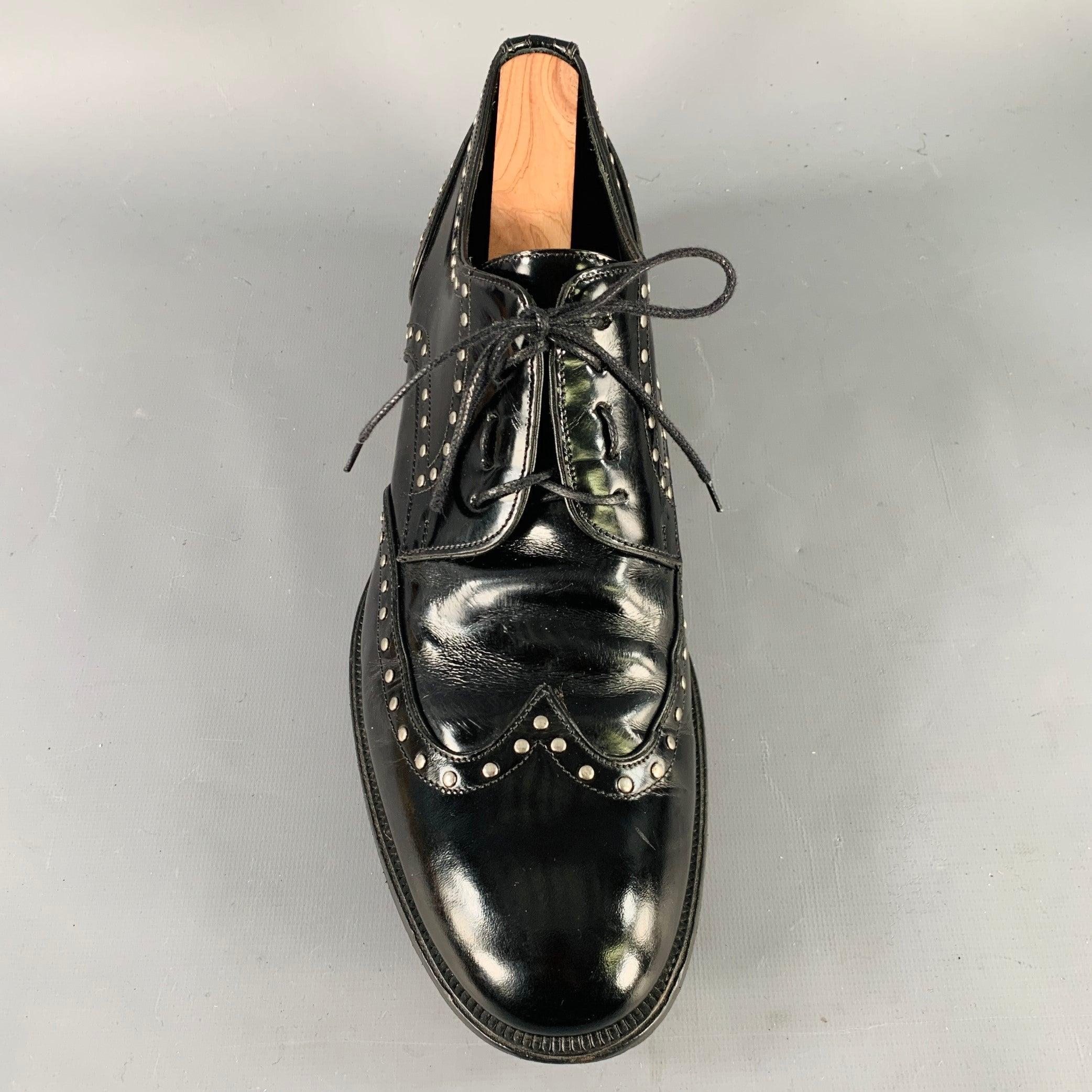 DSQUARED2 Size 11.5 Black Silver Studded Patent Leather Moccasin Lace-Up Shoes For Sale 7