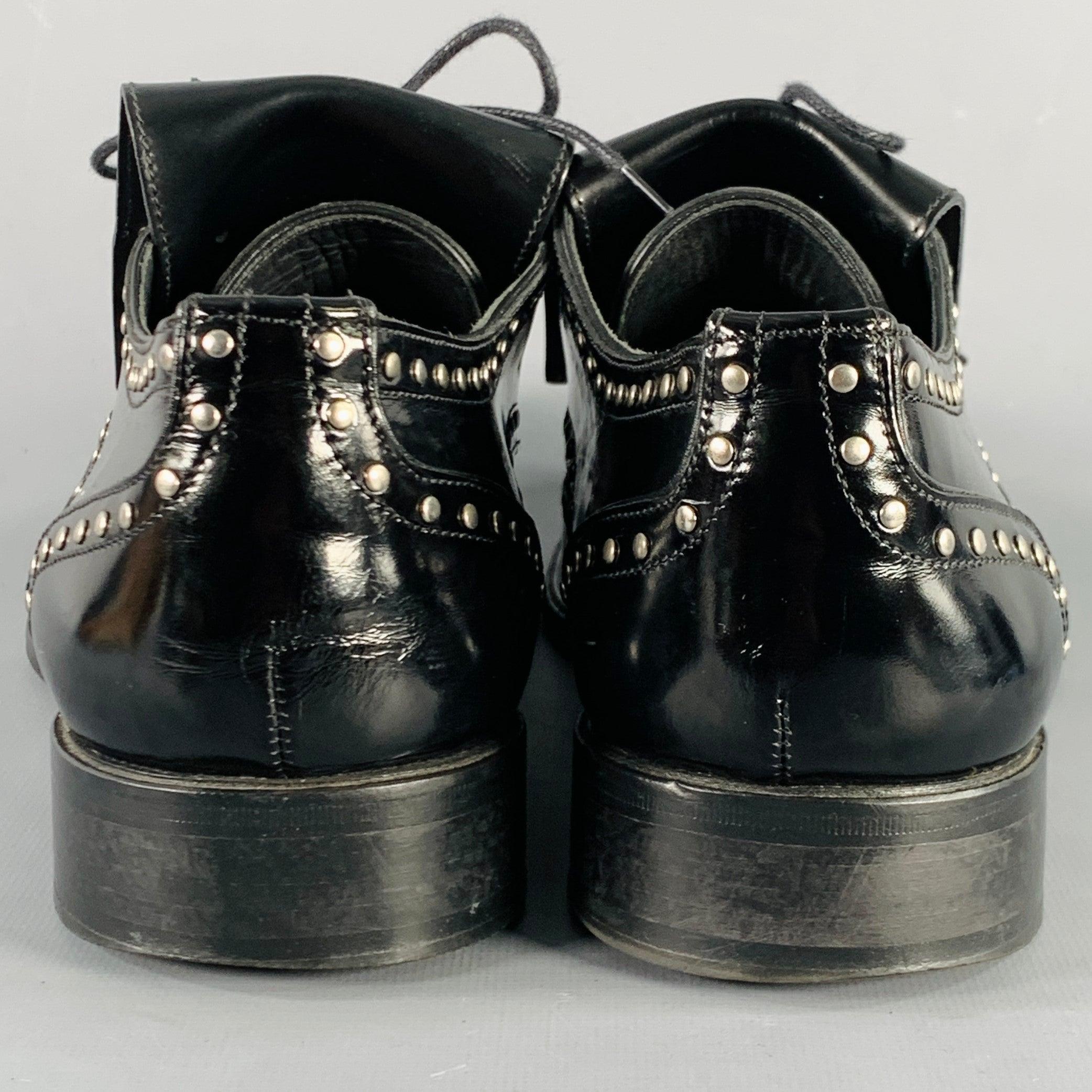 DSQUARED2 Size 11.5 Black Silver Studded Patent Leather Moccasin Lace-Up Shoes In Good Condition For Sale In San Francisco, CA