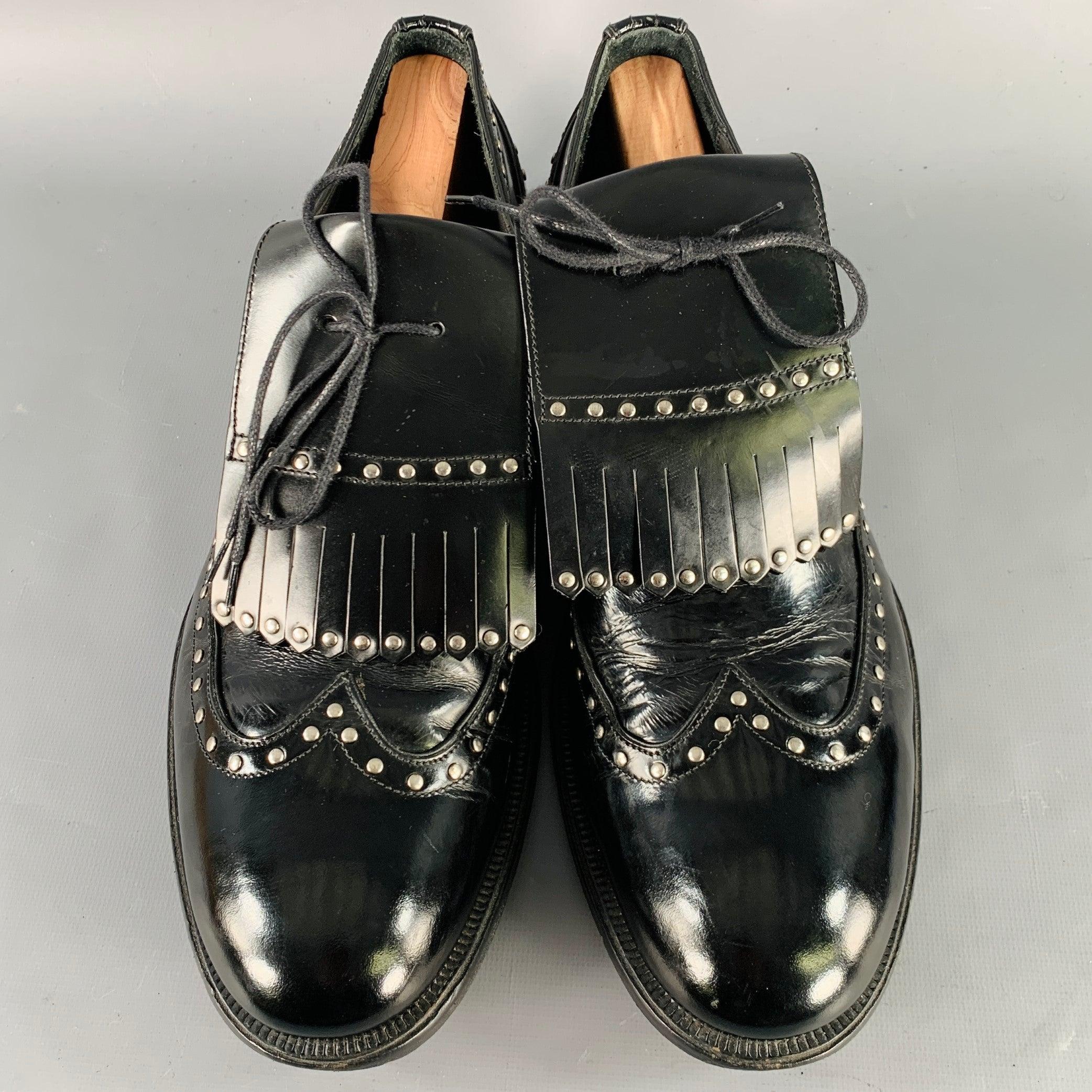 Men's DSQUARED2 Size 11.5 Black Silver Studded Patent Leather Moccasin Lace-Up Shoes For Sale