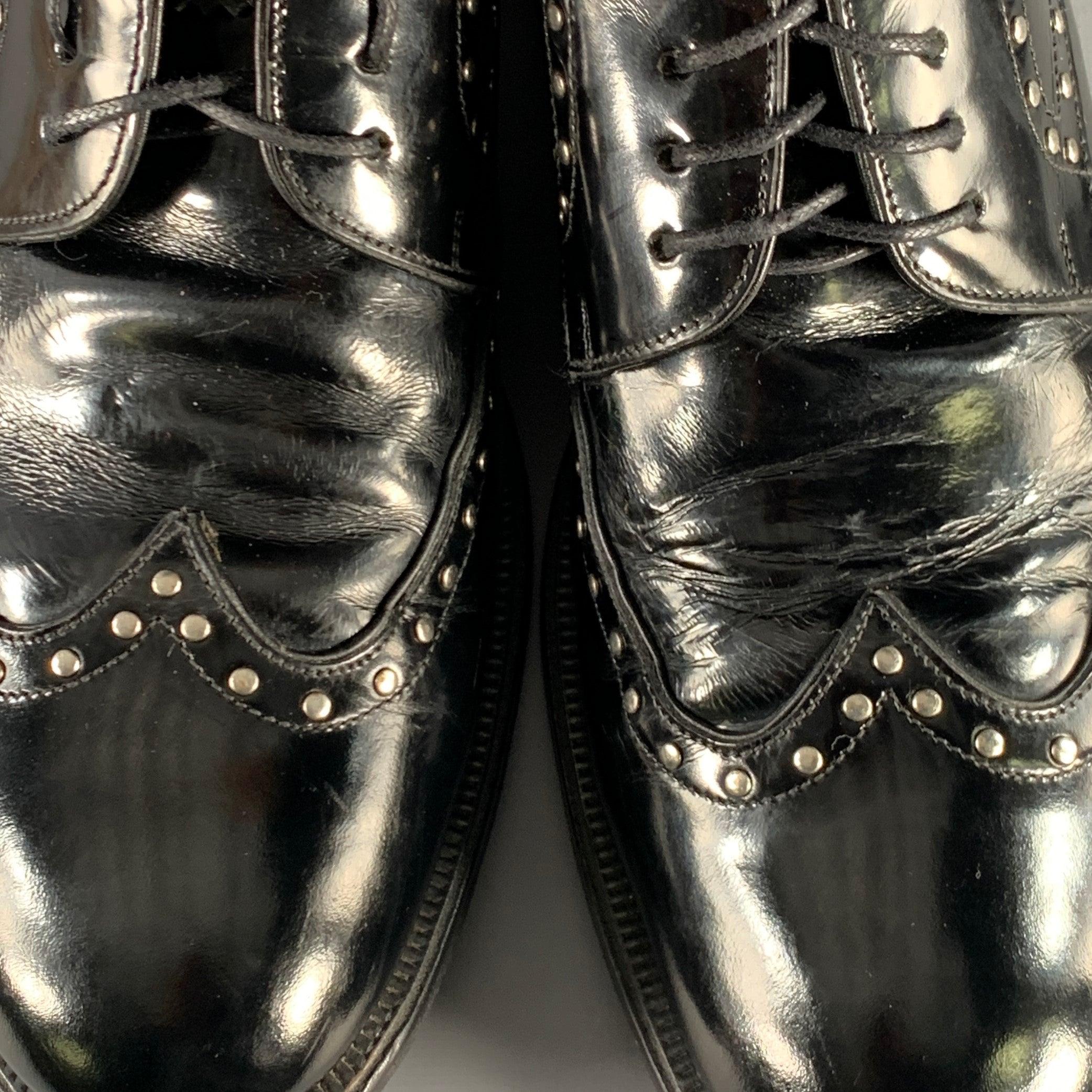 DSQUARED2 Size 11.5 Black Silver Studded Patent Leather Moccasin Lace-Up Shoes For Sale 5