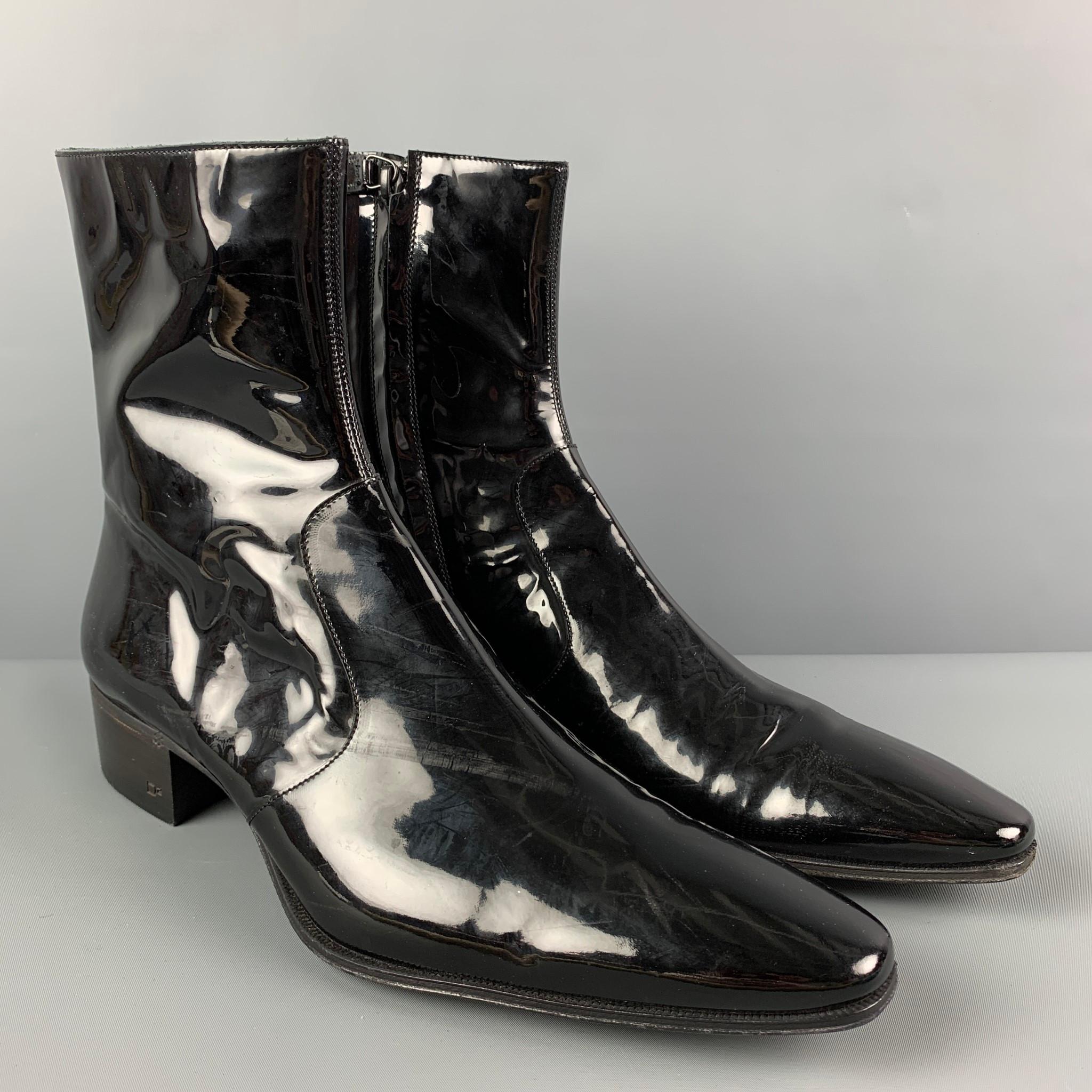 DSQUARED2 ankle boots comes in black patent leather featuring a square toe, chunky heel, and a side zipper closure. Made in Italy. 

Good Pre-Owned Condition. Light wear.
Marked: 45

Measurements:

Length: 13 in.
Width: 4.25 in.
Height: 7.5 in. 