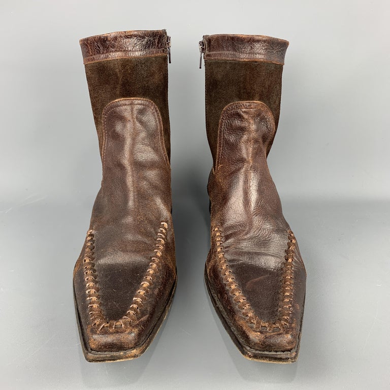 DSQUARED2 Size 12 Brown Leather Side Zipper Stitched Distressed Boots ...