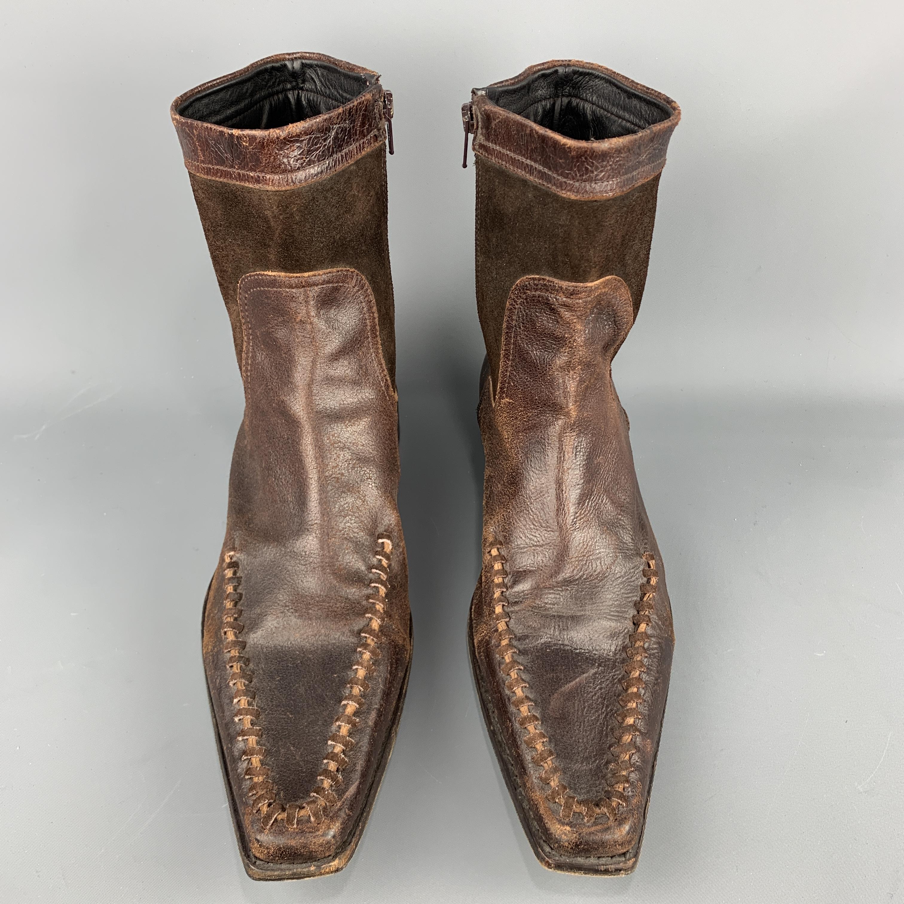 DSQUARED2 Size 12 Brown Leather Side Zipper Stitched Distressed Boots In Good Condition In San Francisco, CA