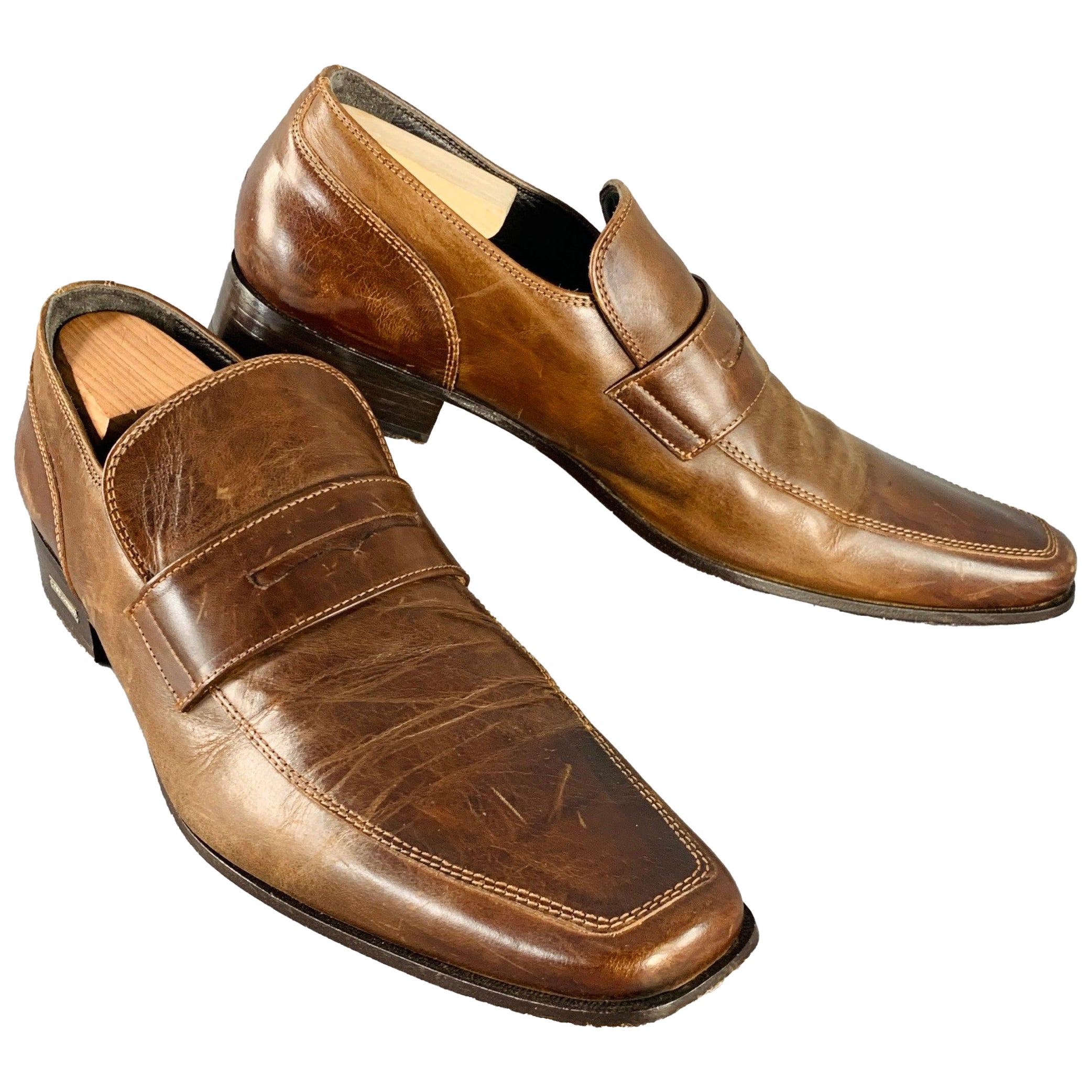 DSQUARED2 Size 12 Brown Leather Square Toe Penny Loafers