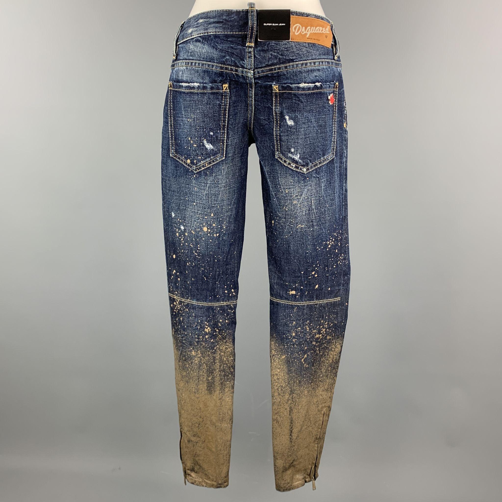 Women's DSQUARED2 Size 2 Blue Cotton Paint Splattered Cuff Zipper Five Pockets Jeans