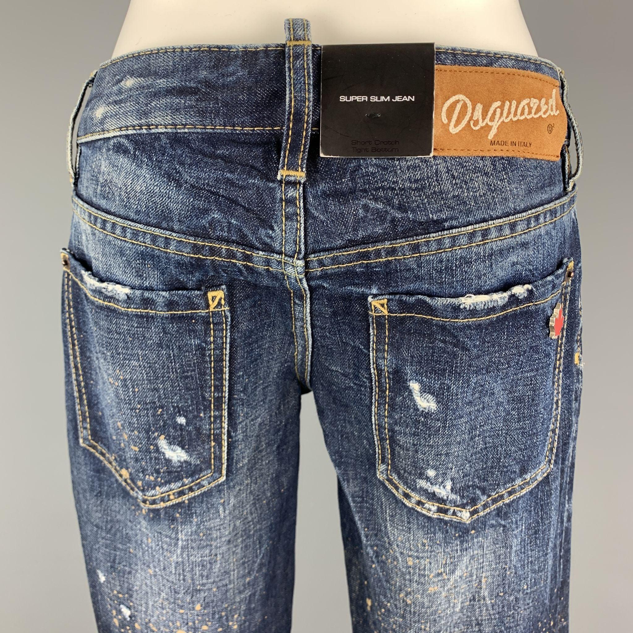 DSQUARED2 Size 2 Blue Cotton Paint Splattered Cuff Zipper Five Pockets Jeans For Sale 1