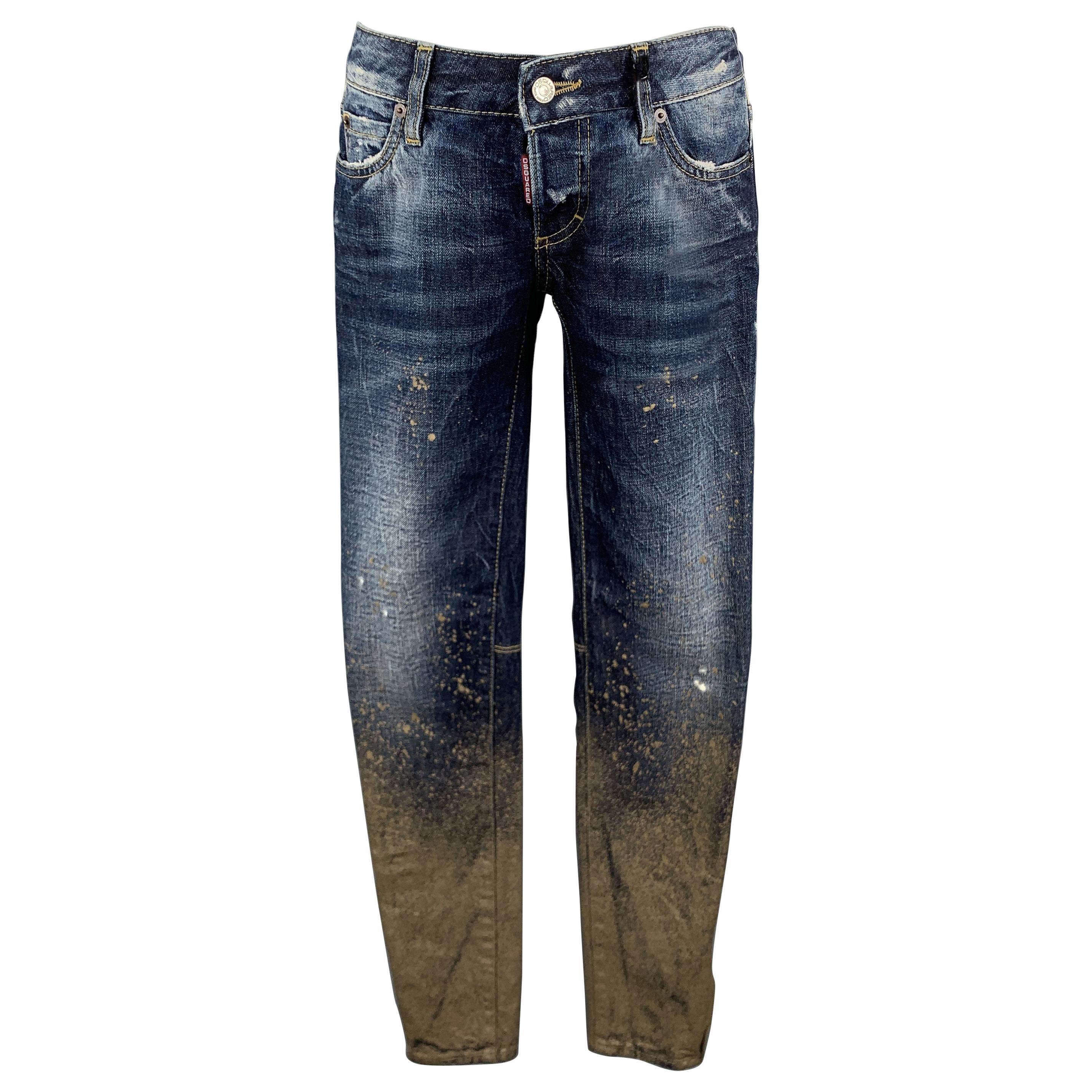 DSQUARED2 Size 2 Blue Cotton Paint Splattered Cuff Zipper Five Pockets  Jeans at 1stDibs