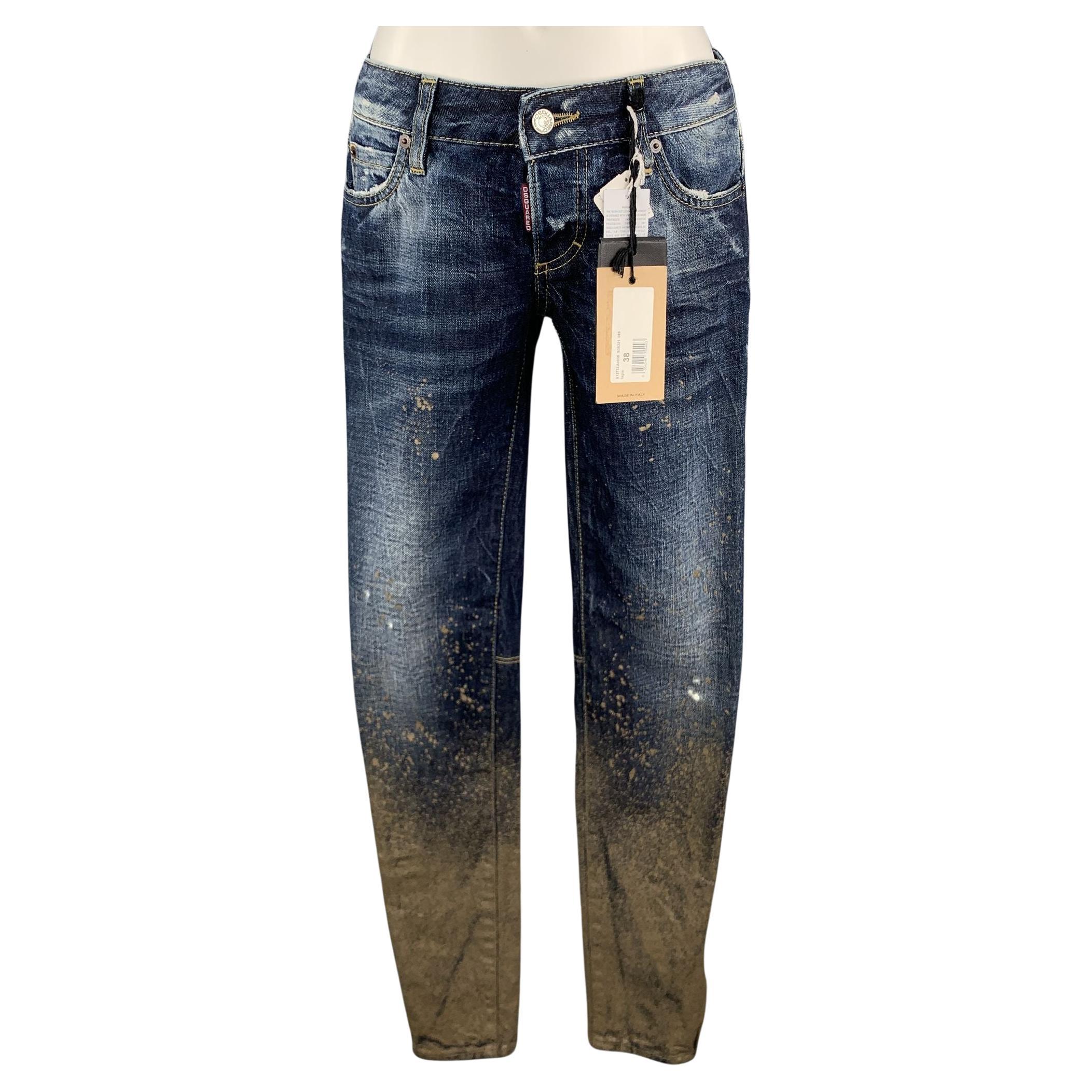 DSQUARED2 Size 2 Blue Cotton Paint Splattered Cuff Zipper Five Pockets Jeans For Sale