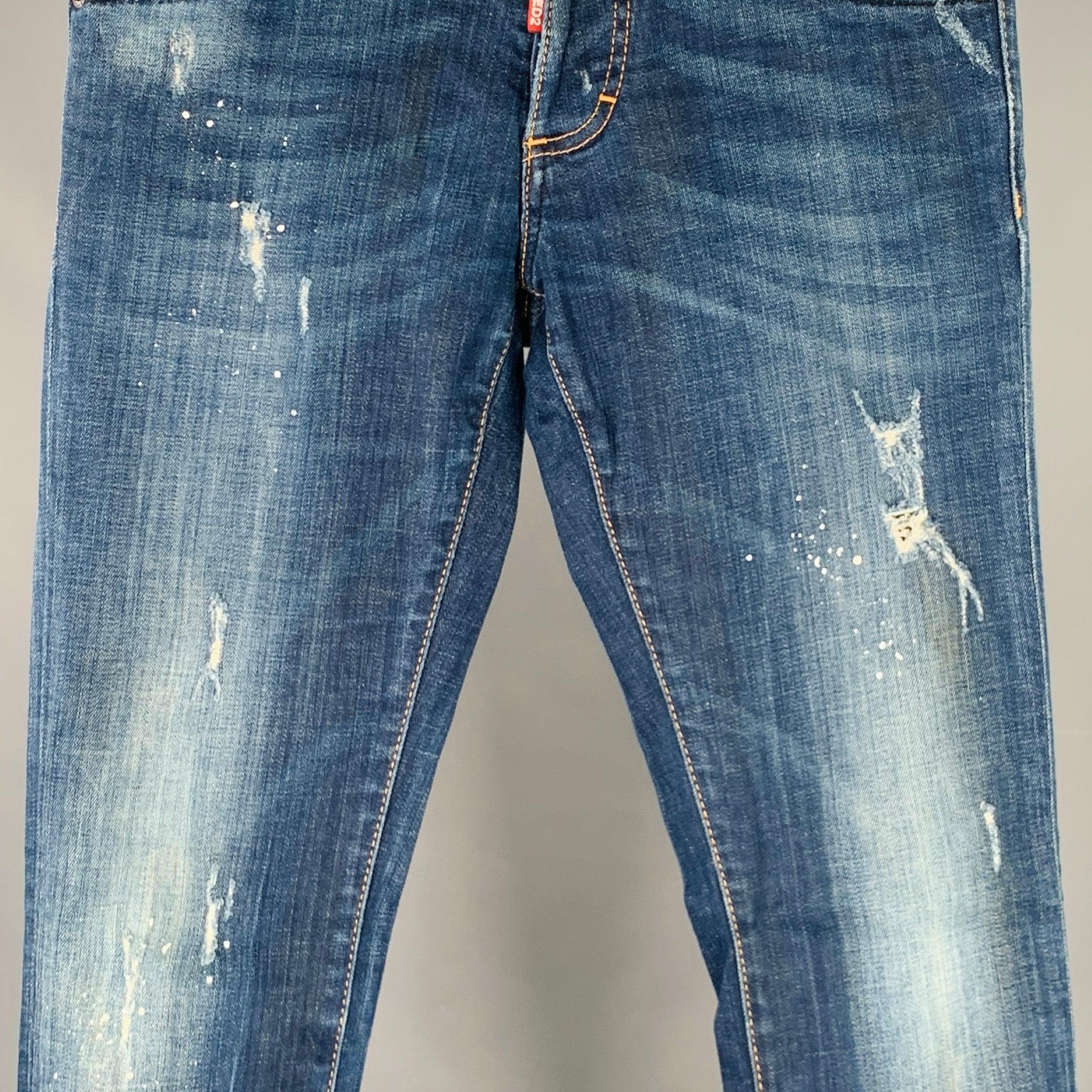 DSQUARED2 Talla 28 Azul Blanco Paint Splatter Slim Button Fly Jeans en Excelente estado para la venta en San Francisco, CA