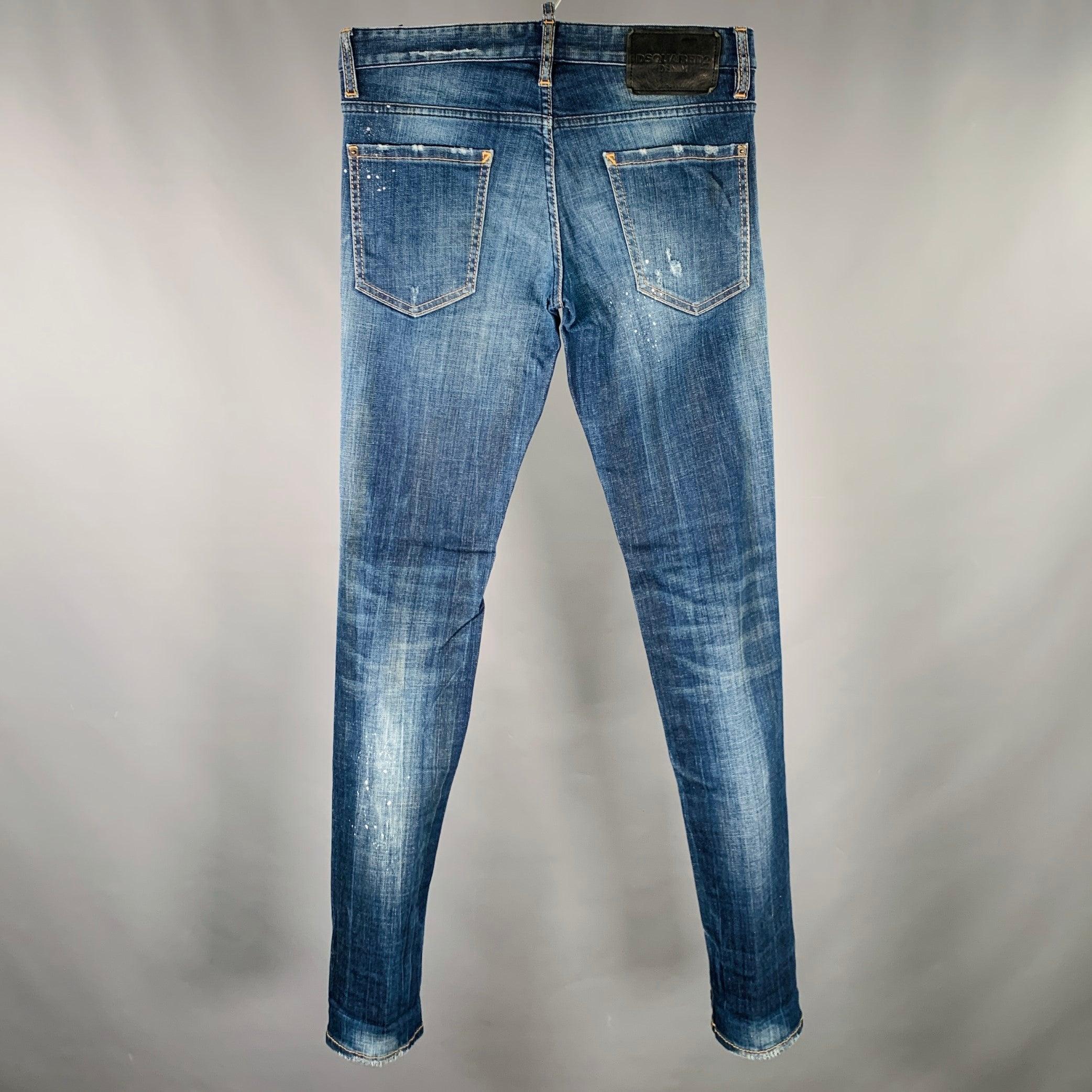 De los hombres DSQUARED2 Talla 28 Azul Blanco Paint Splatter Slim Button Fly Jeans en venta
