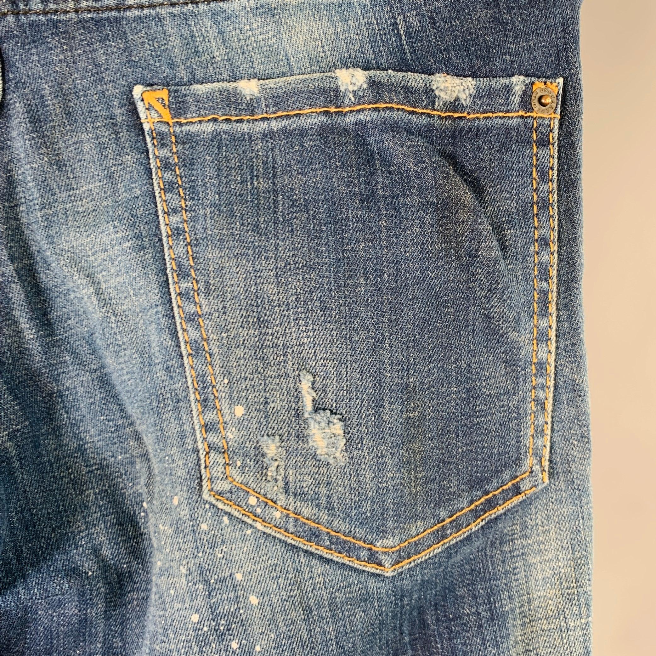 DSQUARED2 Talla 28 Azul Blanco Paint Splatter Slim Button Fly Jeans en venta 1