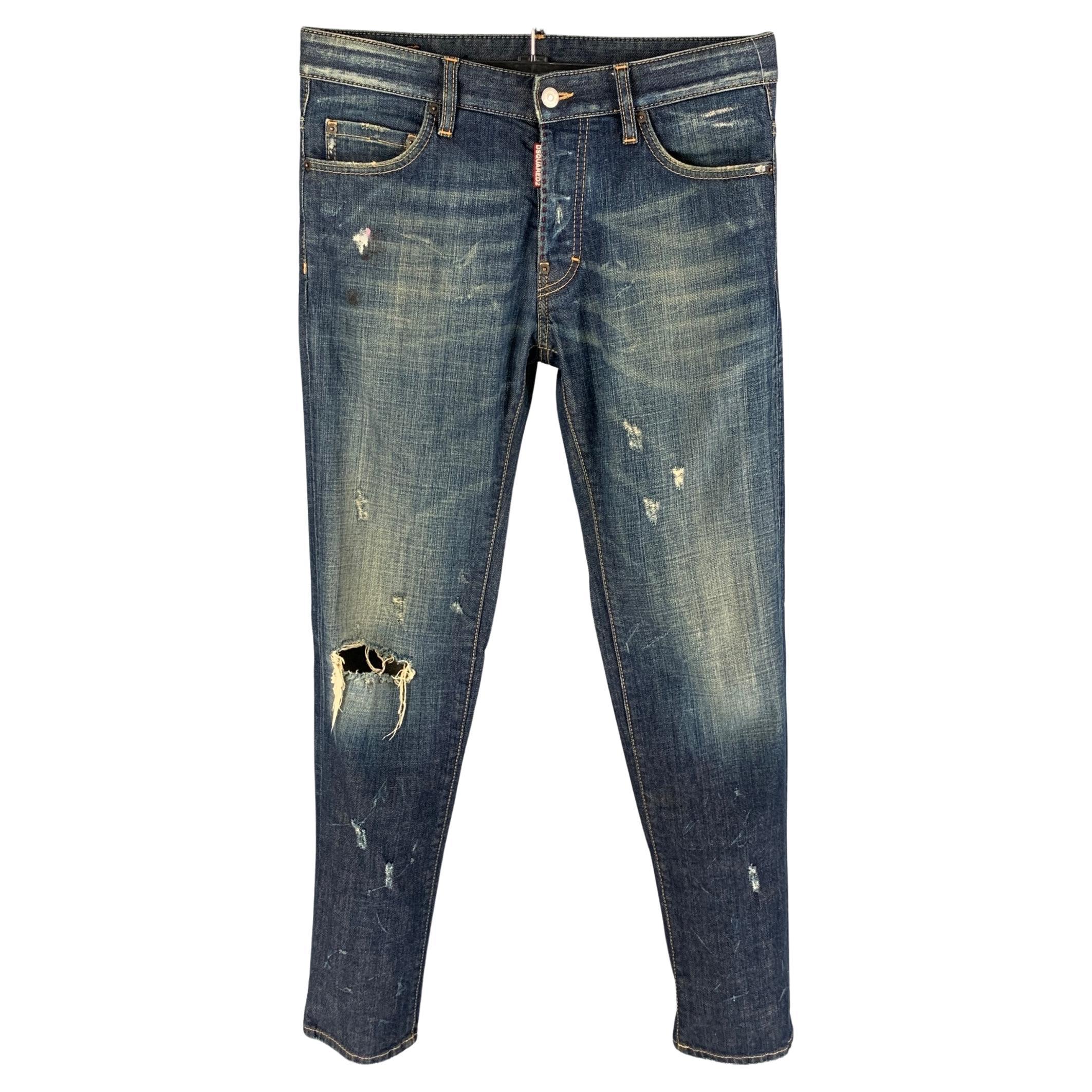 Men's DSQUARED2 Size 34 Dark Dirty Wash Denim Distressed Paint Splatter