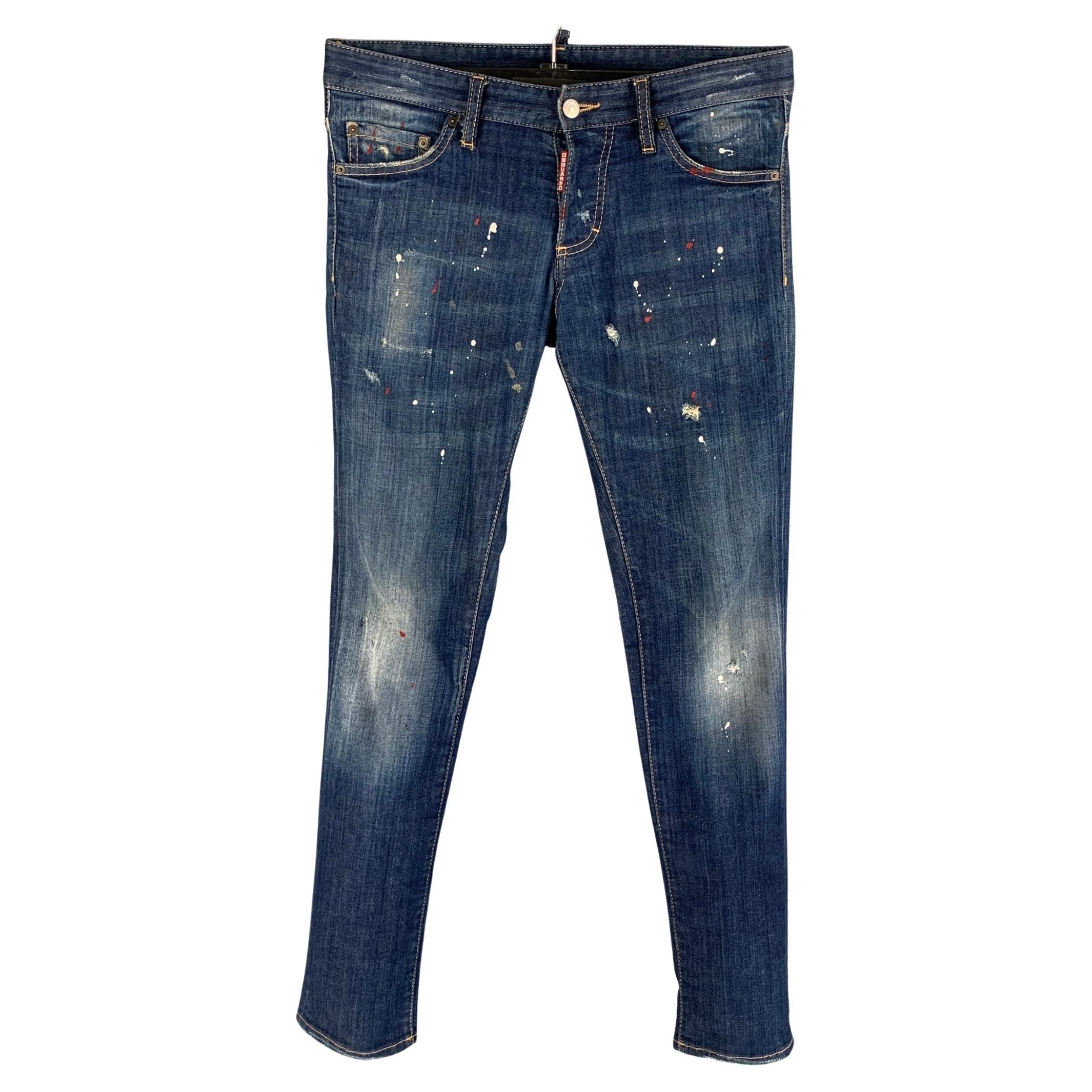 DSQUARED2 Size 30 Indigo Paint Splatter Cotton Skinny Jeans For Sale at  1stDibs