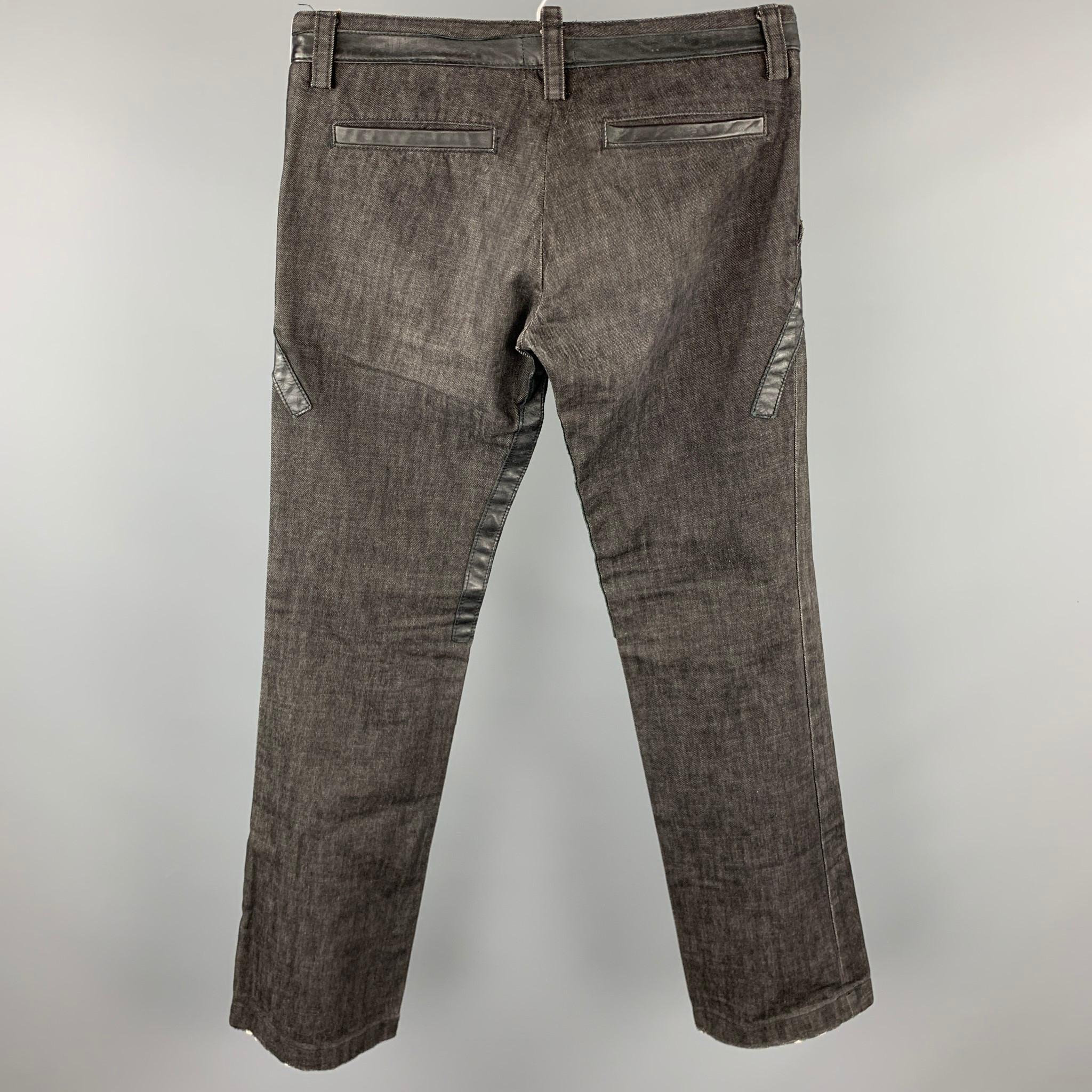 DSQUARED2 Size 32 Black Cotton & Leather Burner Jeans In Good Condition In San Francisco, CA