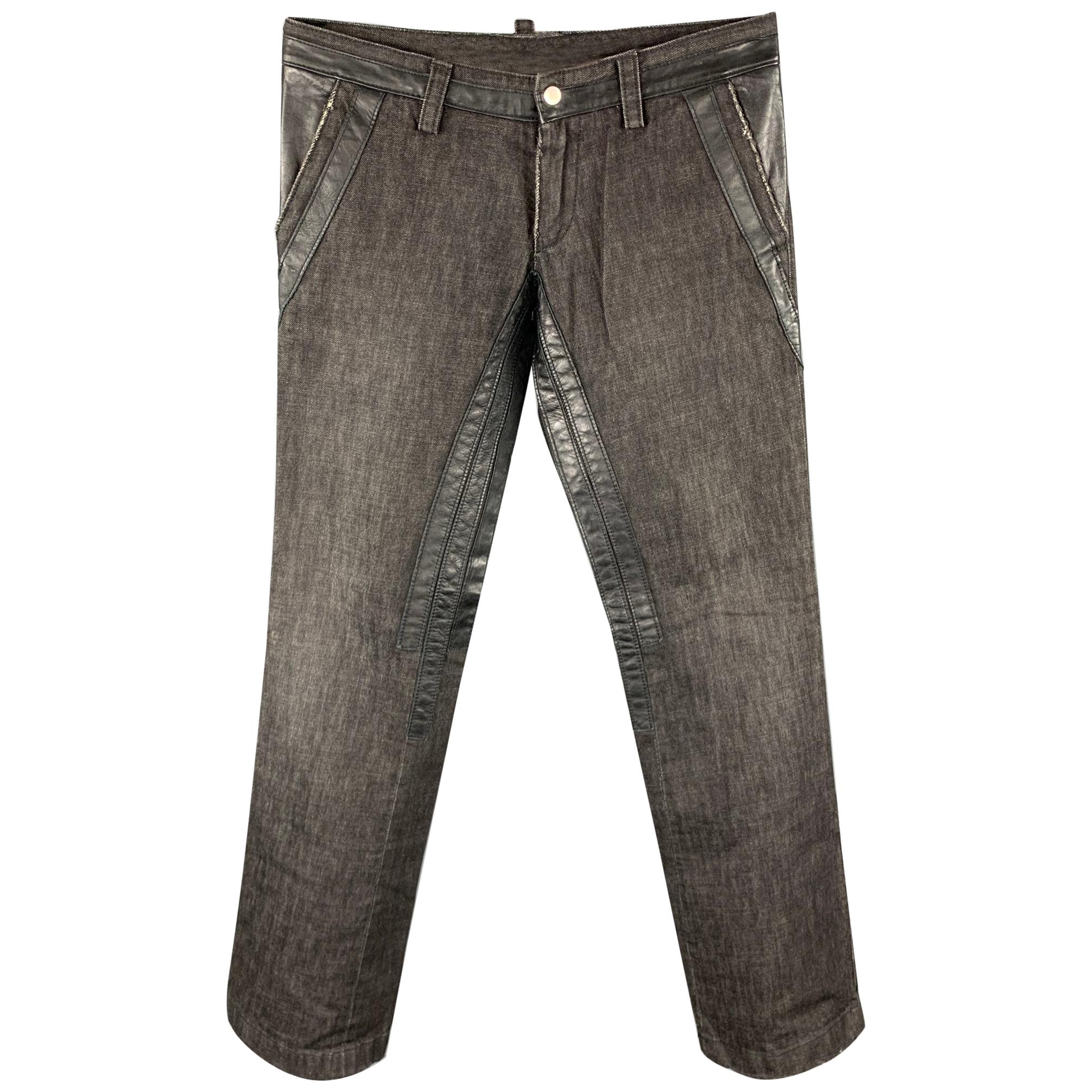 DSQUARED2 Size 32 Black Cotton & Leather Burner Jeans
