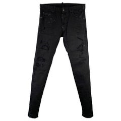 DSQUARED2 Size 32 Black Distressed Cotton Blend Slim Cut Button Fly Jeans