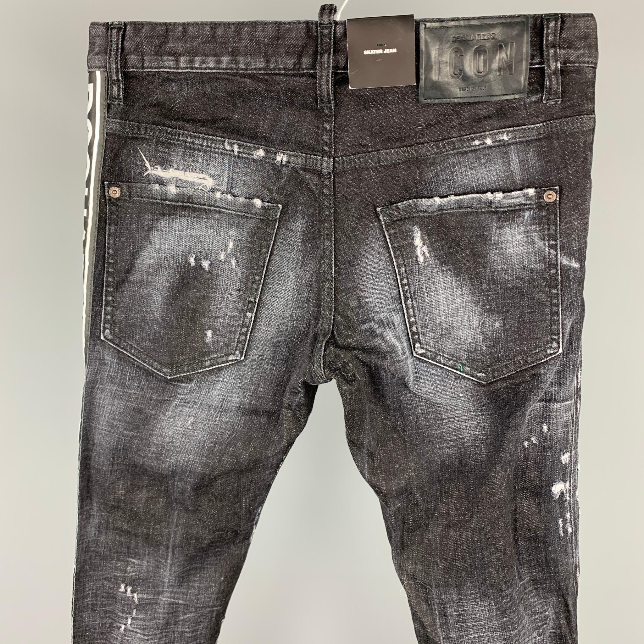 DSQUARED2 Size 32 Black Distressed Denim Button Fly Skater Jeans In New Condition In San Francisco, CA