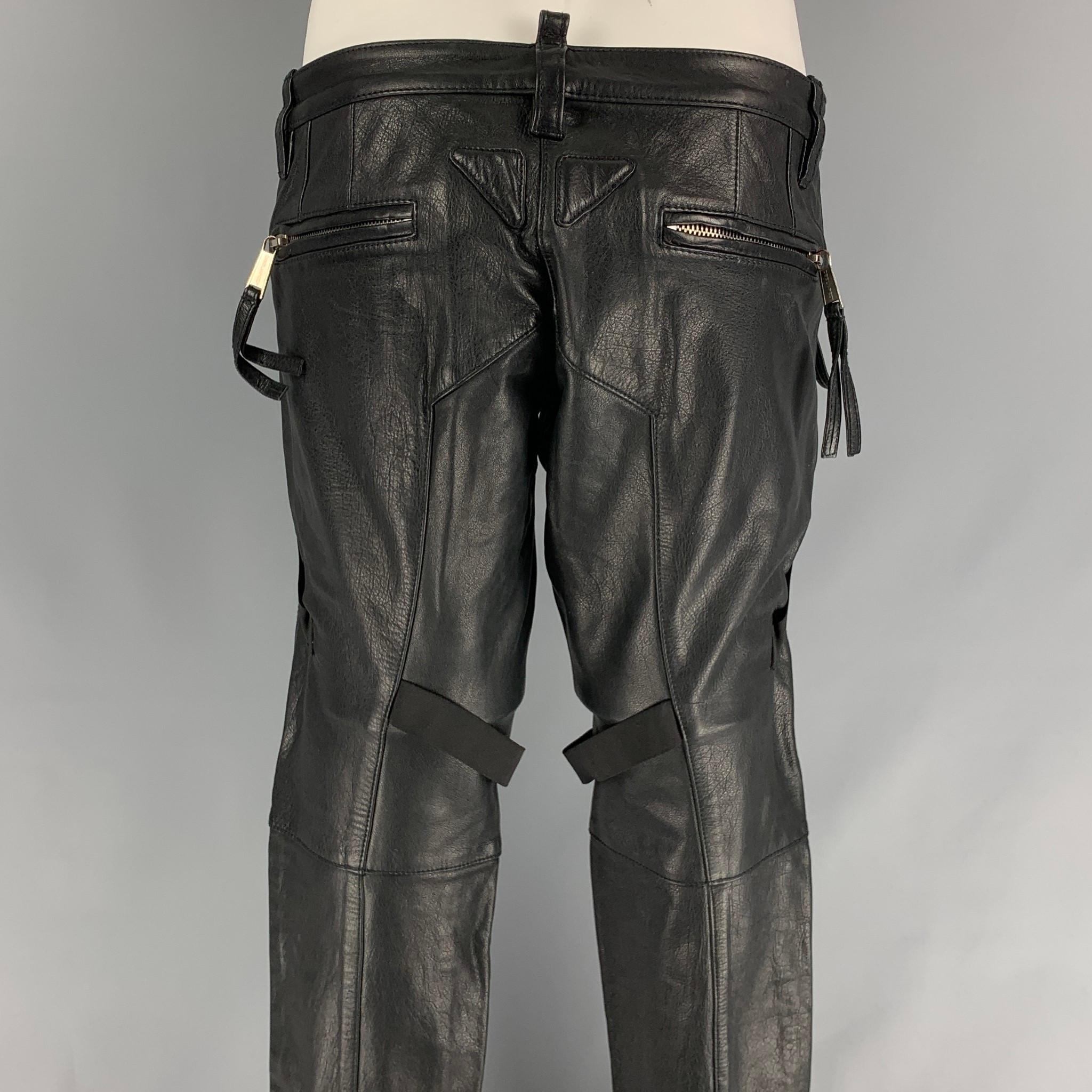DSQUARED2 Size 32 Black Leather Zip Fly Casual Pants In Good Condition In San Francisco, CA