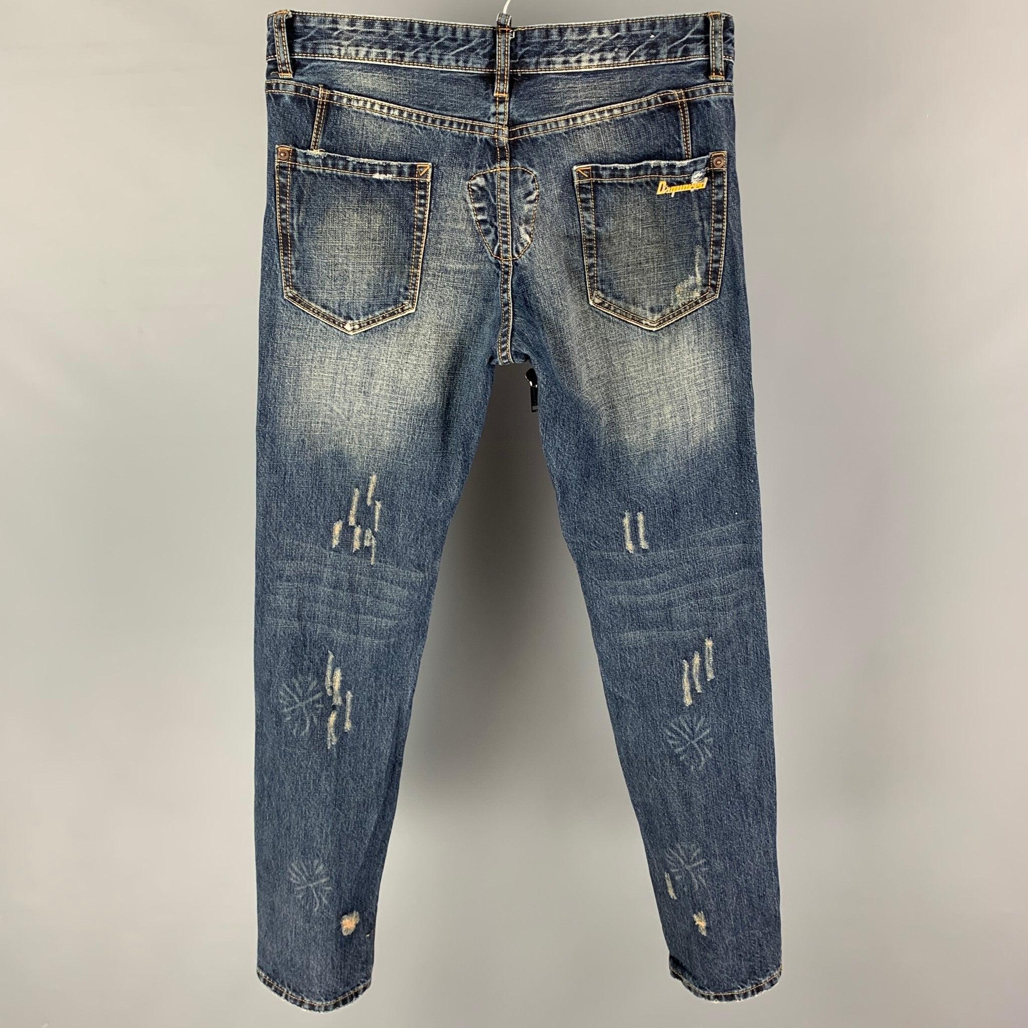 DSQUARED2 Size 32 Blue Black Distressed Cotton Skinny Slim Jeans In Good Condition In San Francisco, CA