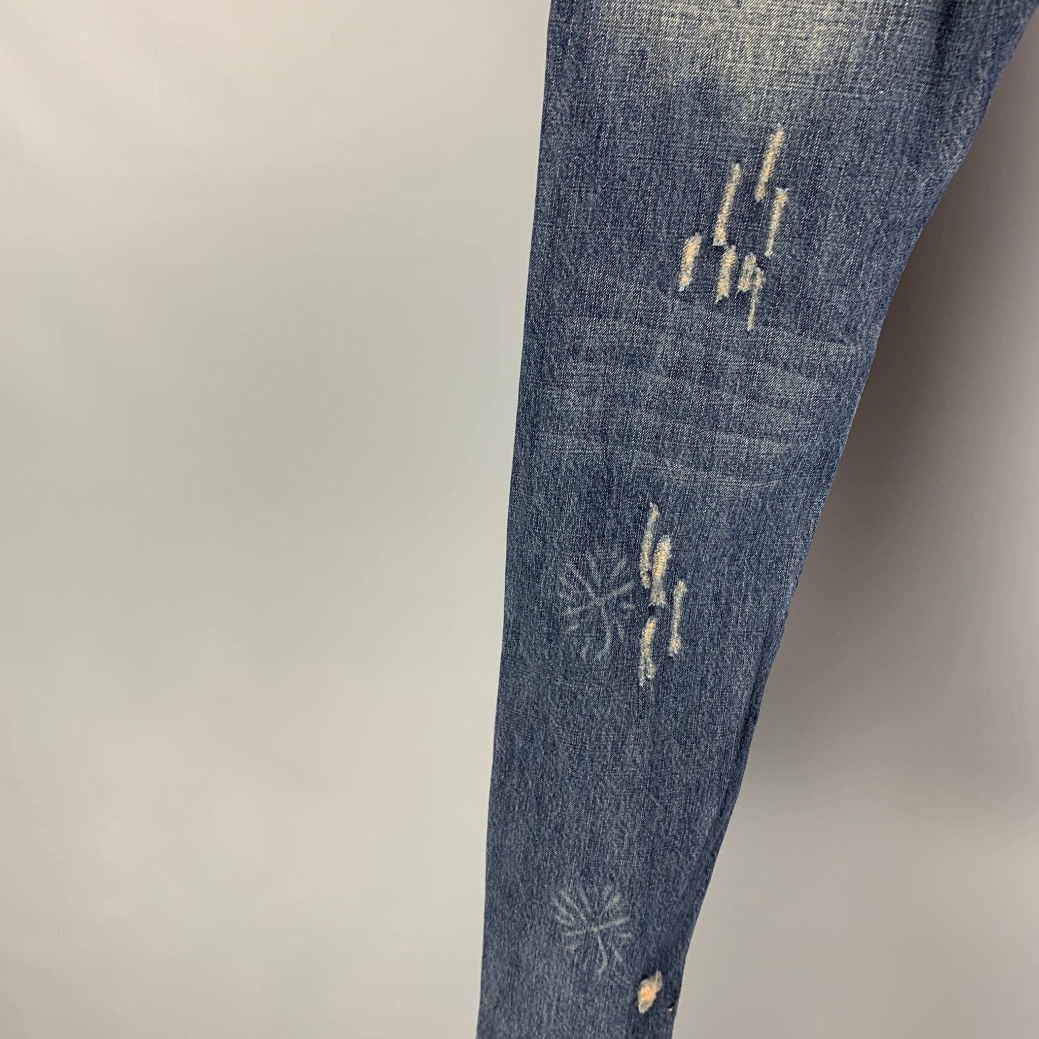 Men's DSQUARED2 Size 32 Blue Black Distressed Cotton Skinny Slim Jeans For Sale